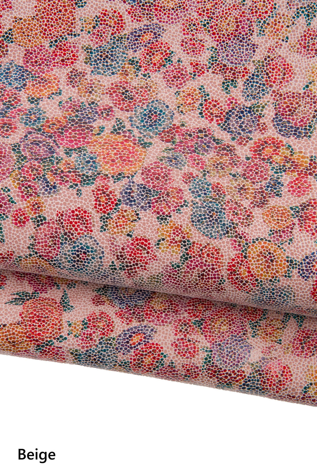 FLORAL textured leather skin, lilac - purple - beige FLOWER print on pink soft glossy goatskin B18832-ST La Garzarara
