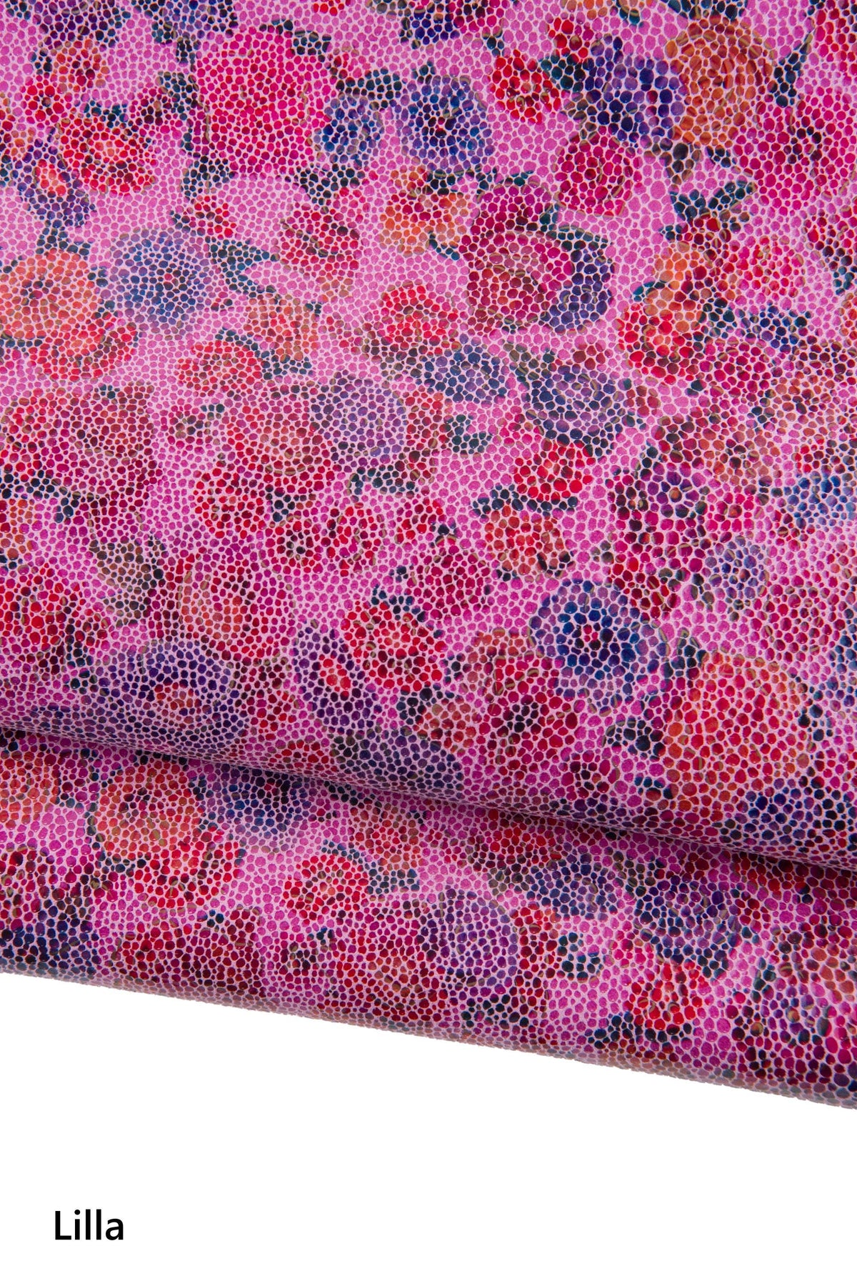FLORAL textured leather skin, lilac - purple - beige FLOWER print on pink soft glossy goatskin B18832-ST La Garzarara