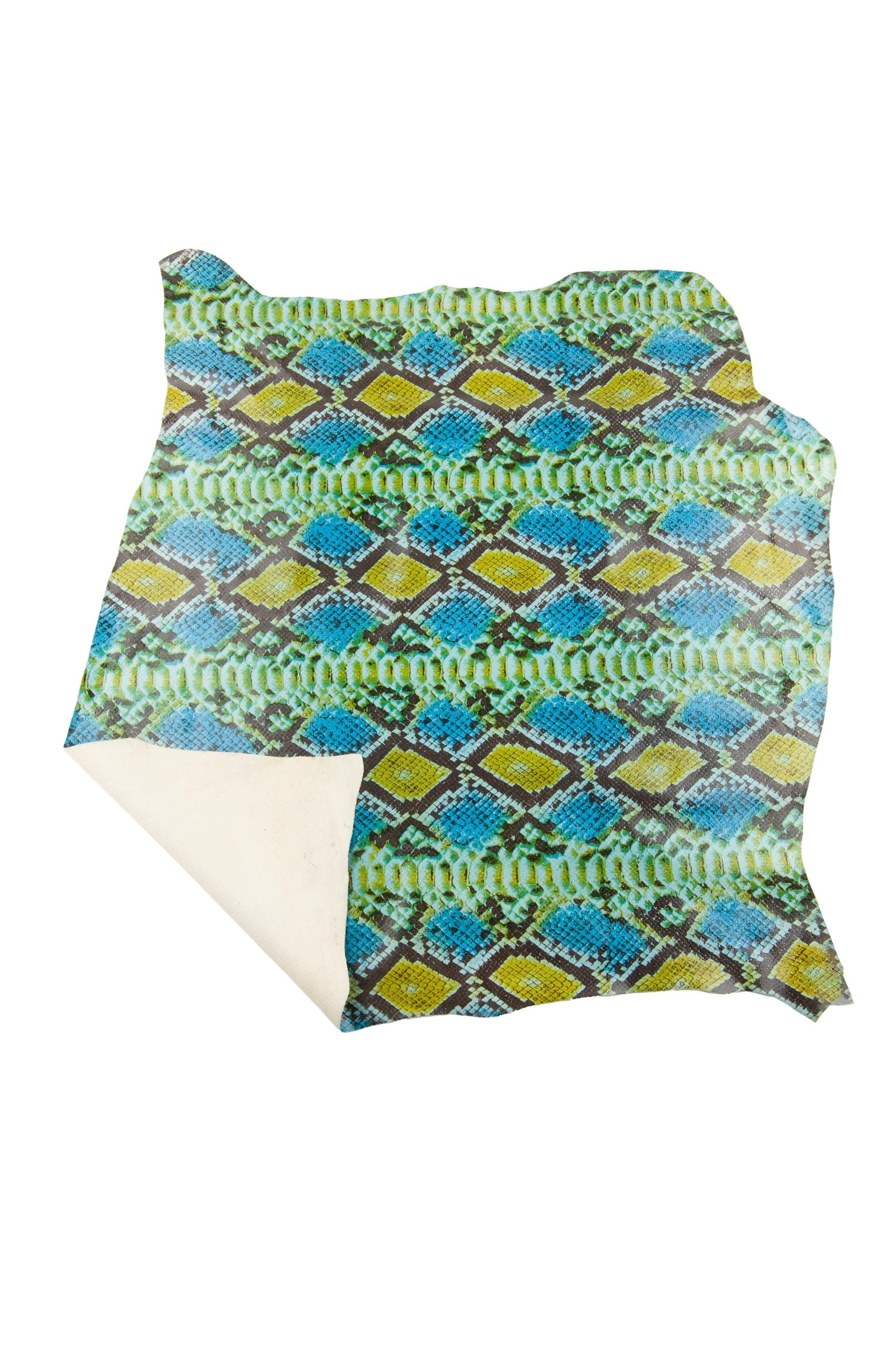 Vivid SNAKESKIN leather skin, blue - green - yellow PYTHON printed goat, reptile textured hide for diy projects B18852-ST La Garzarara