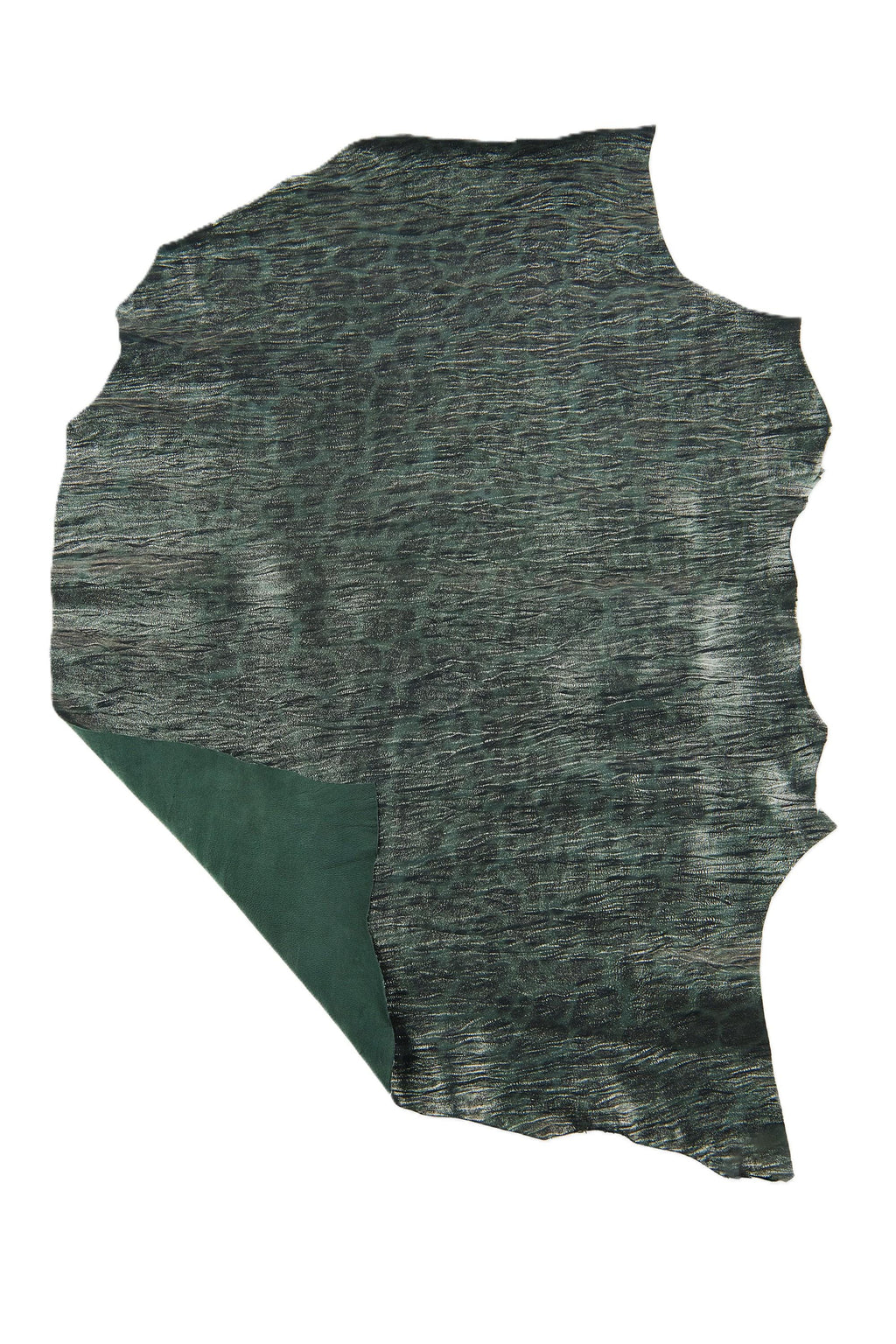 Leopard printed leather skin, CHEETAH animal print on green METALLIC goatskin, soft bright suede hide B18934-MT(st) La Garzarara