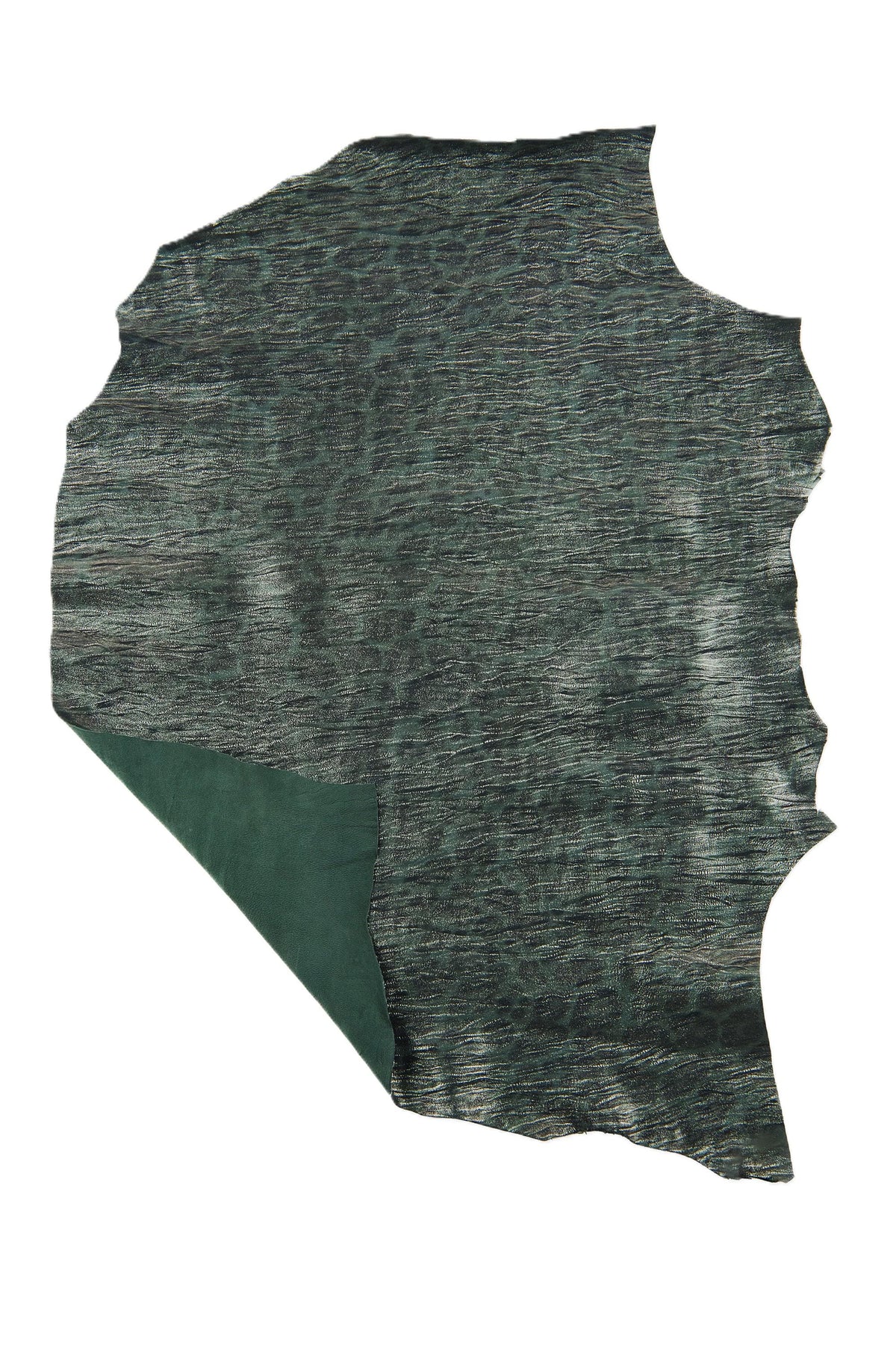 Leopard printed leather skin, CHEETAH animal print on green METALLIC goatskin, soft bright suede hide B18934-MT(st) La Garzarara