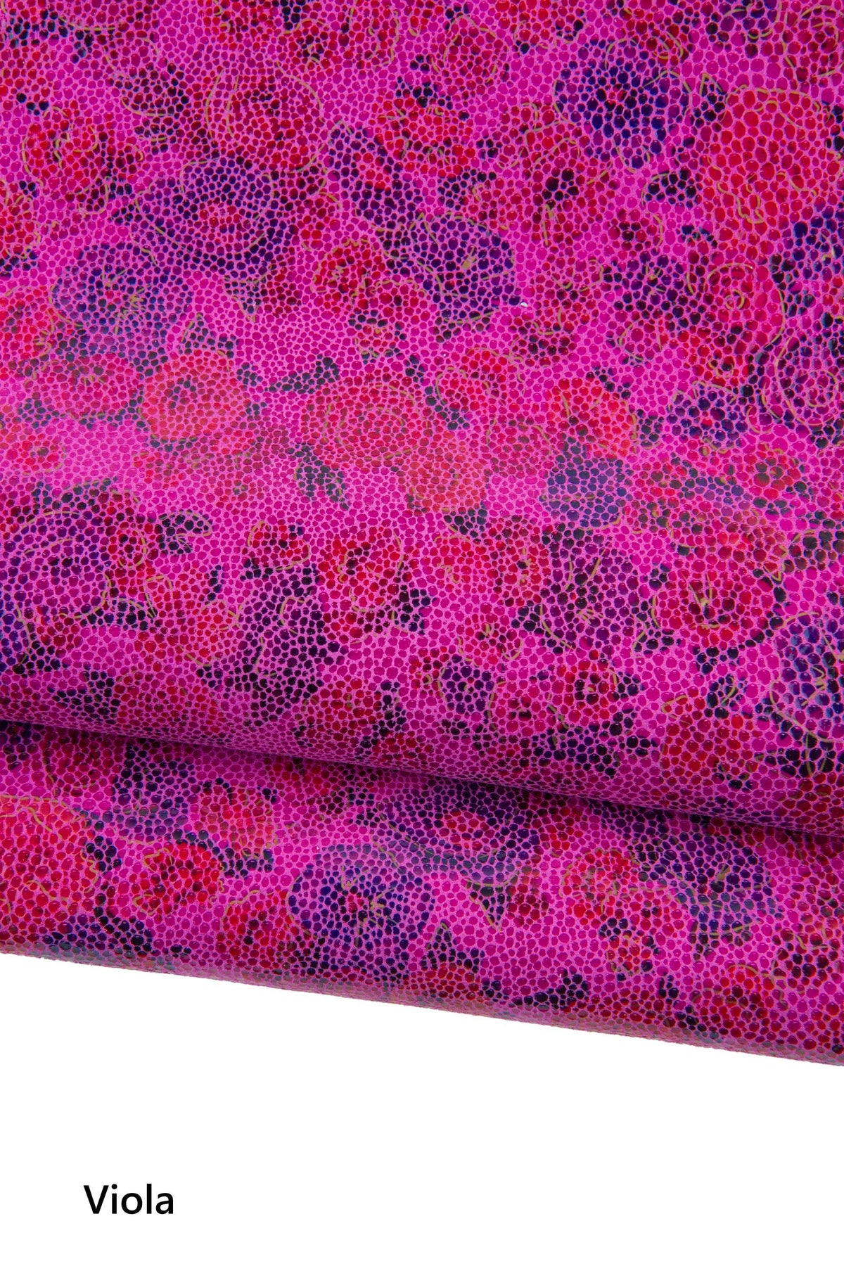 FLORAL textured leather skin, lilac - purple - beige FLOWER print on pink soft glossy goatskin B18832-ST La Garzarara