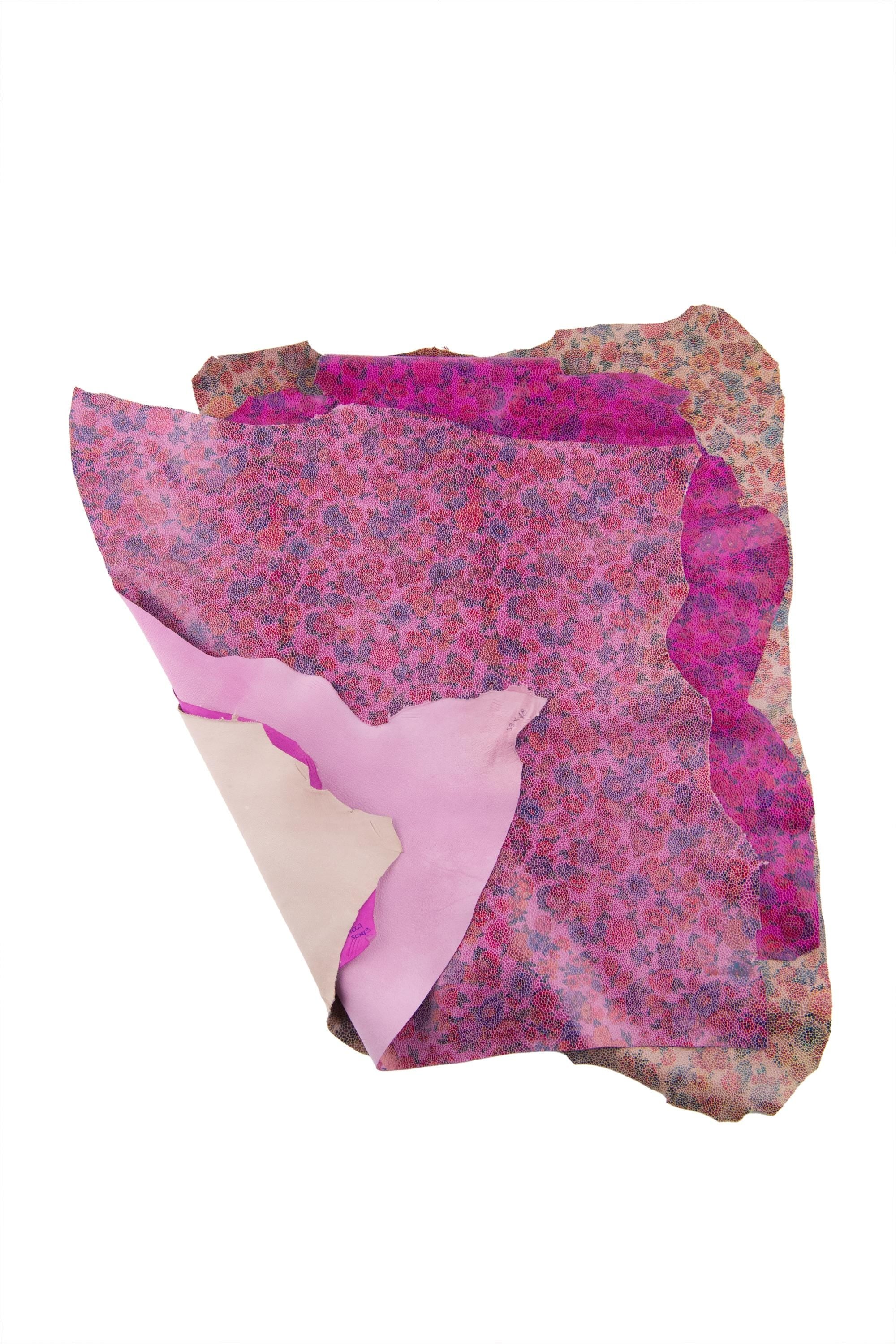 FLORAL textured leather skin, lilac - purple - beige FLOWER print on pink soft glossy goatskin B18832-ST La Garzarara