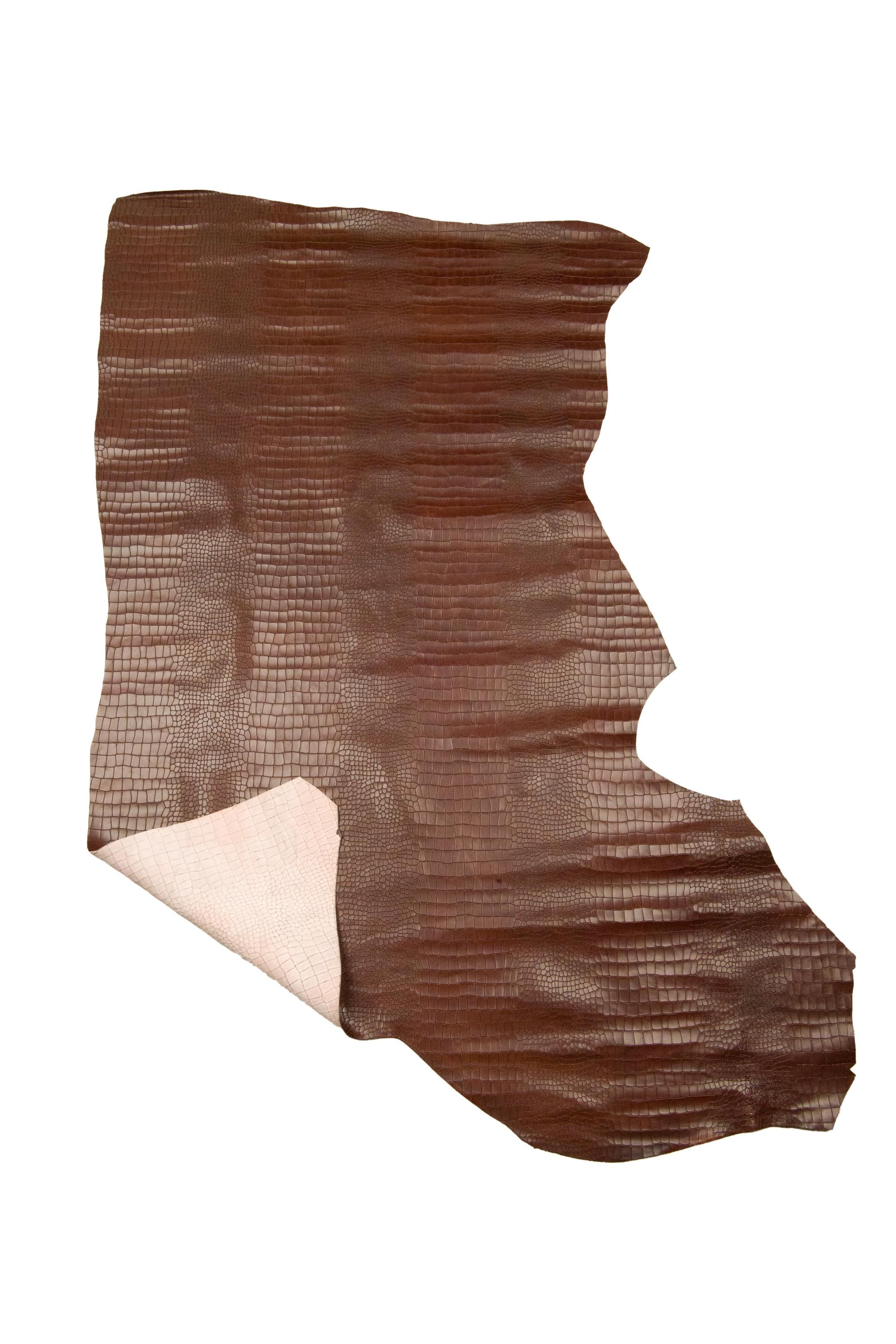 Brown CROCODILE embossed leather hide, glossy croc printed calfskin, soft cowhide for diy projects B18922-ST La Garzarara