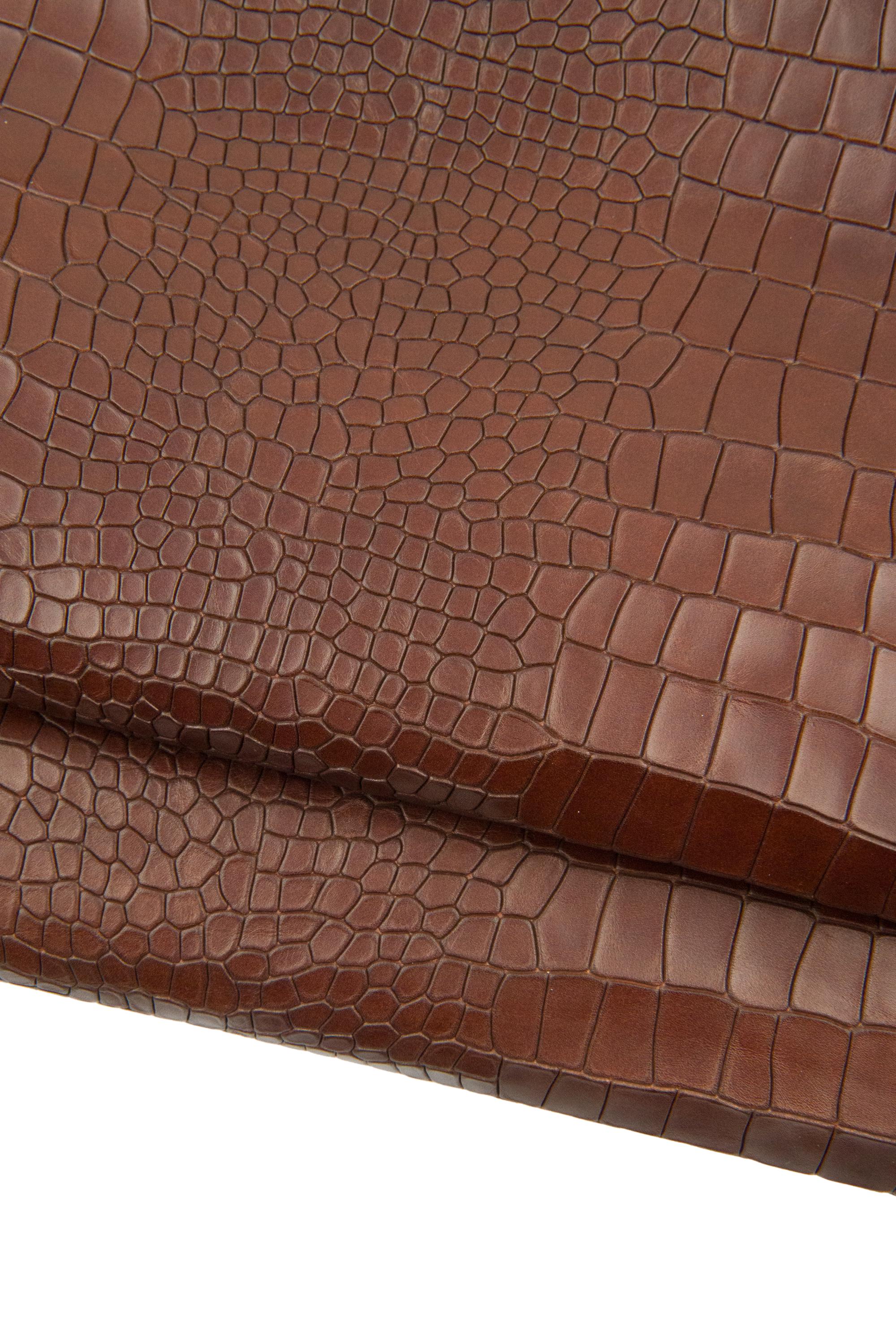 Brown CROCODILE embossed leather hide, glossy croc printed calfskin, soft cowhide for diy projects B18922-ST La Garzarara