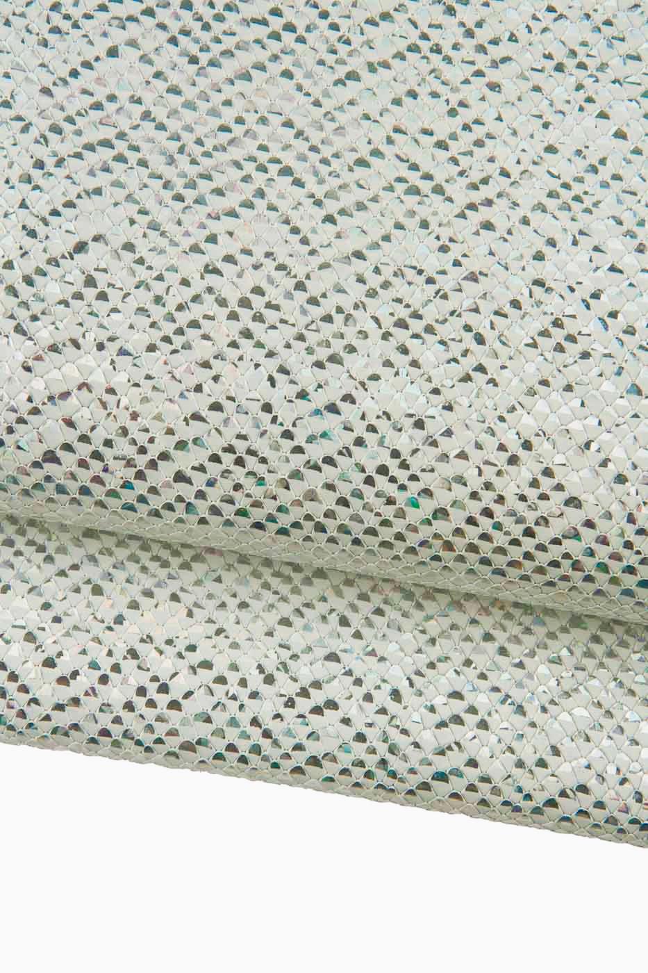 Silver HOLOGRPHIC reptile leather hide, IRIDESCENT metallic snake printed calfskin, bright embossed cowhide for diy creations B19058-MT(st)