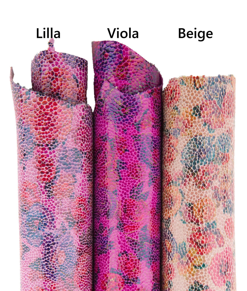 FLORAL textured leather skin, lilac - purple - beige FLOWER print on pink soft glossy goatskin B18832-ST La Garzarara