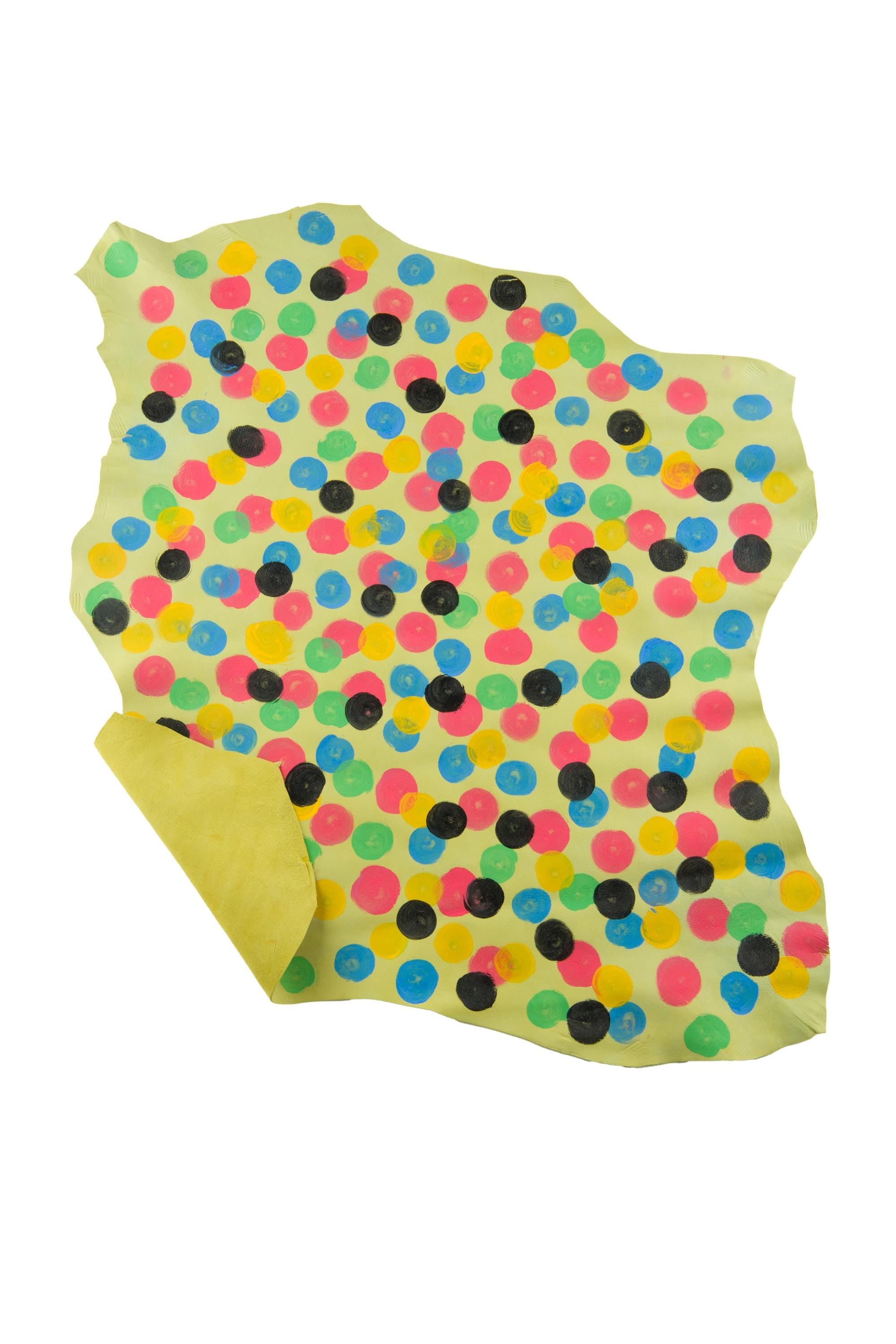 Painted POLKA DOTS yellow leather skin, colorful hand made goatskin, soft matt material for crafters B19030-DM La Garzarara