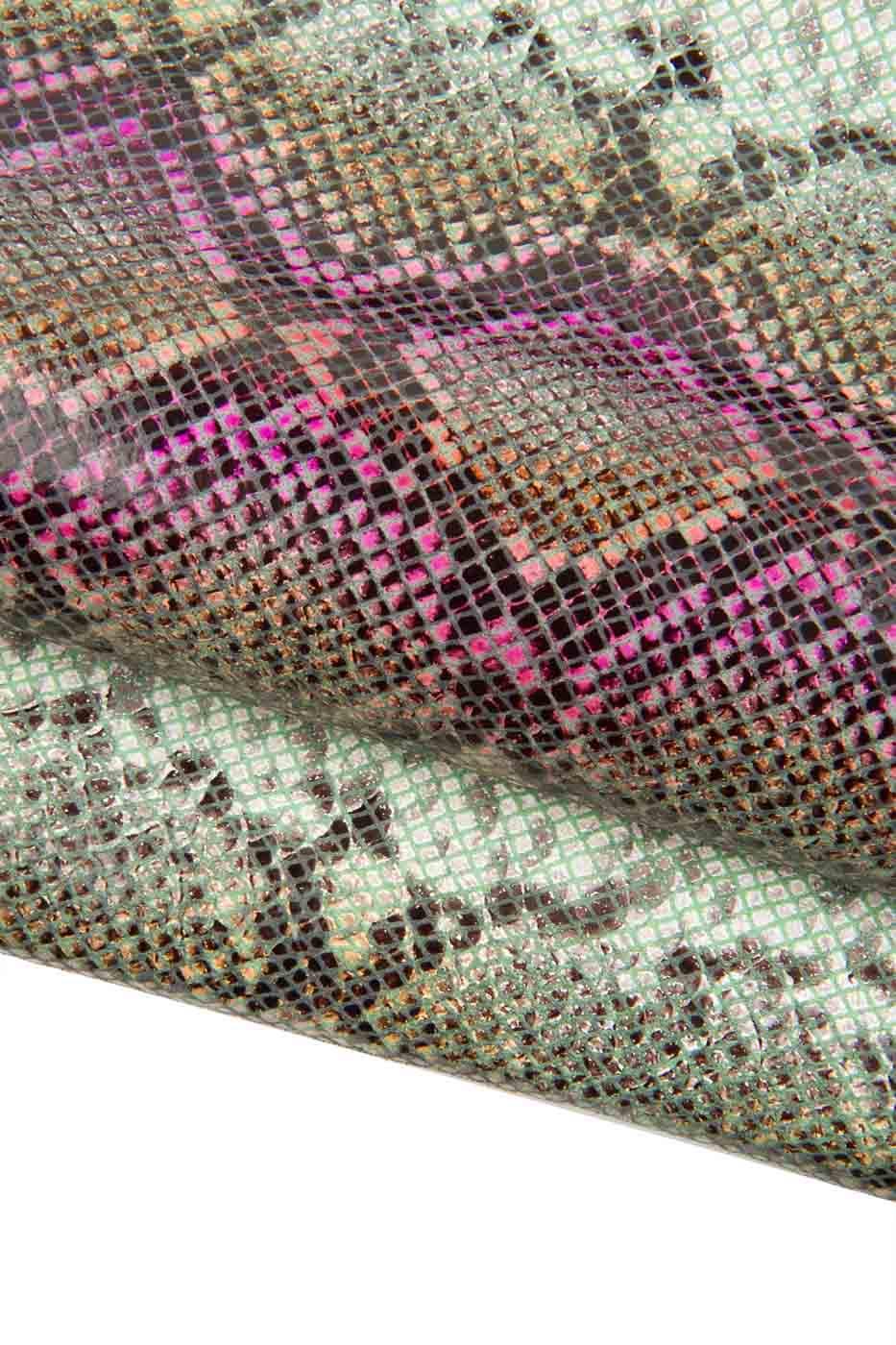 PYTHON printed leather hide, pink- black REPTILE textured cowhide, snake pattern on soft calfskin B18916-ST La Garzarara
