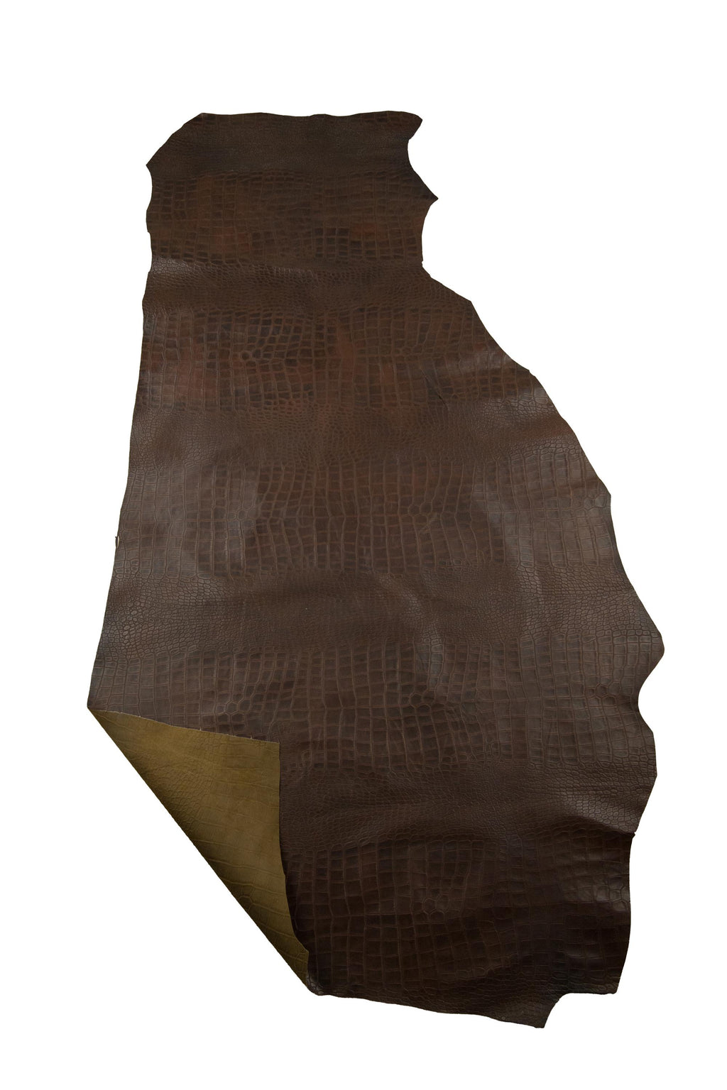 Brown CROCODILE embossed leather hide, animal printed semi GLOSSY cowhide, genuine soft calfskin for bags crafting 0.6 mm B19117-ST