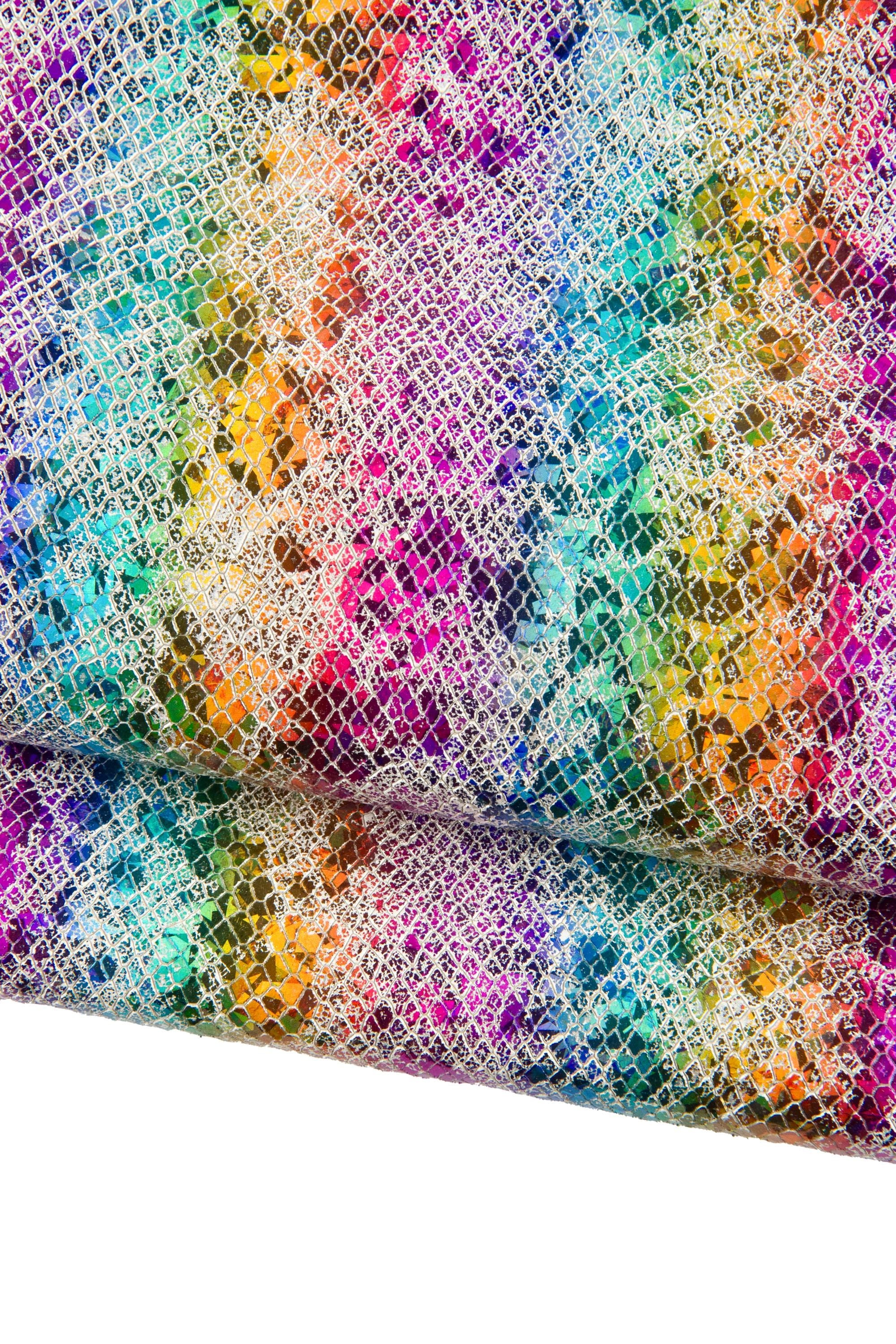IRIDESCENT PYTHON textured leather skin, multicolor striped metallic snake printed goatskin, rainbow bright soft hide B19072-MT(st)