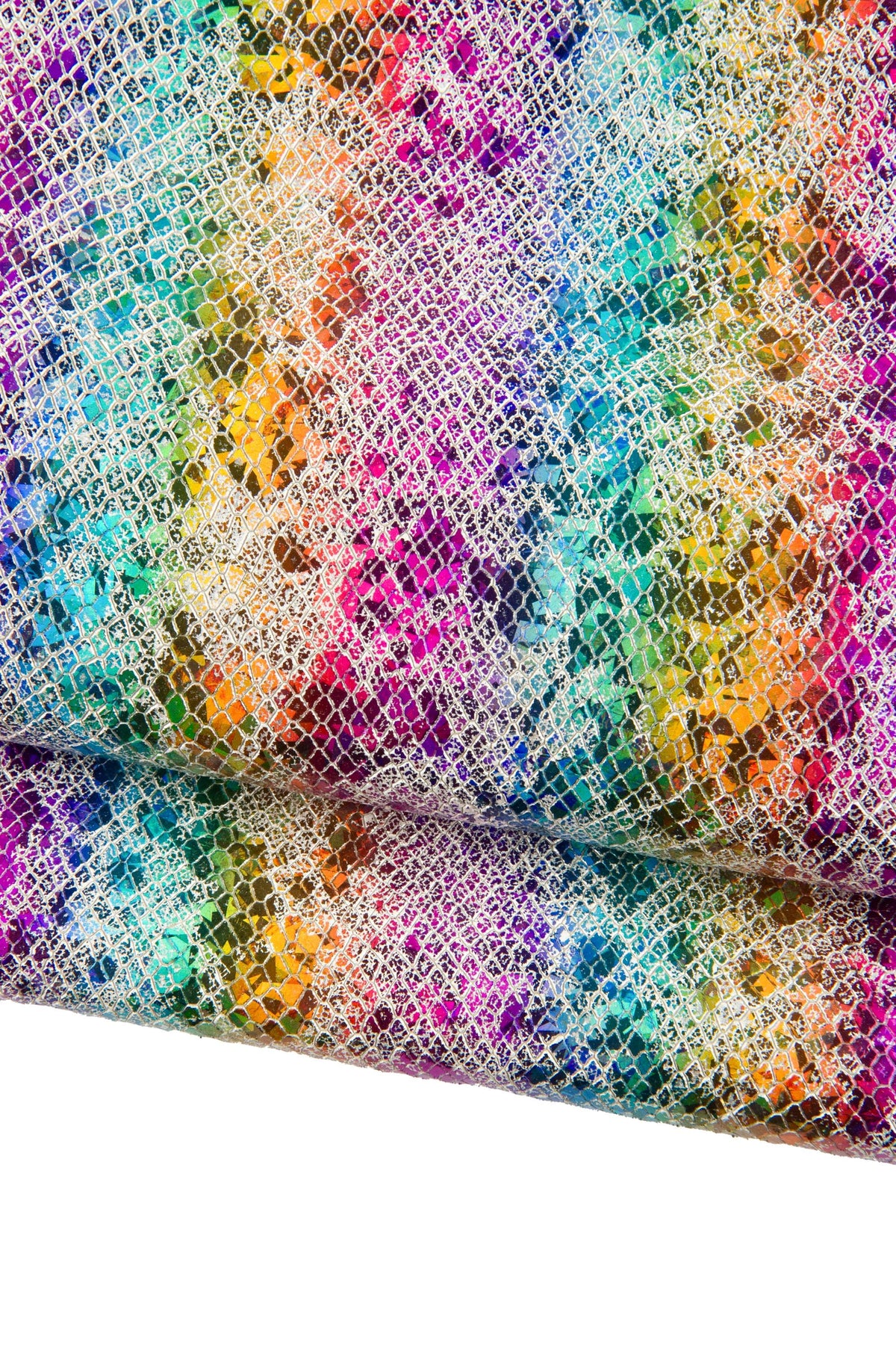IRIDESCENT PYTHON textured leather skin, multicolor striped metallic snake printed goatskin, rainbow bright soft hide B19072-MT(st)