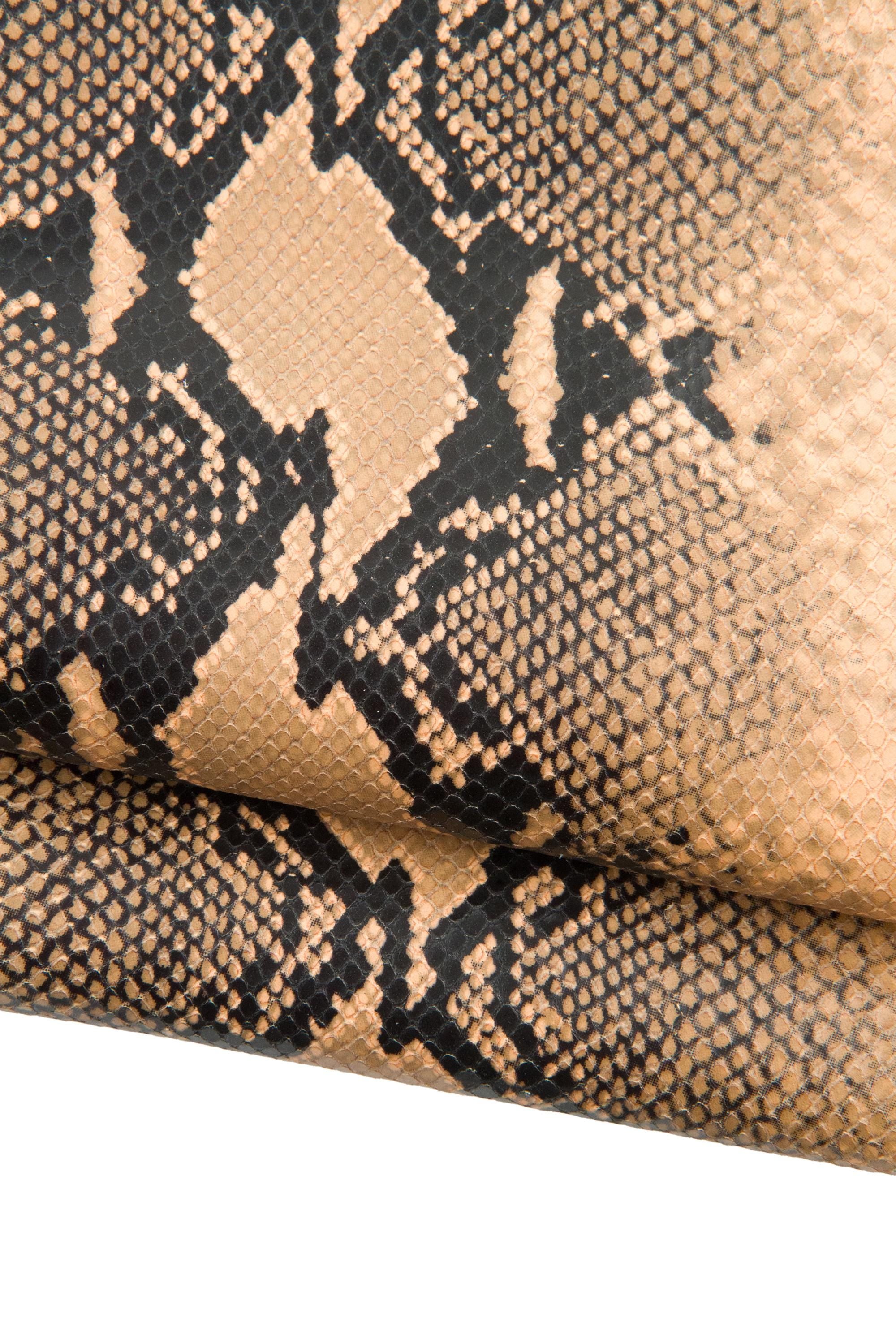 SNAKE textured leather hide, beige - black REPTILE python pattern on cowhide, glossy soft animal printed calfskin B18912-ST La Garzarara