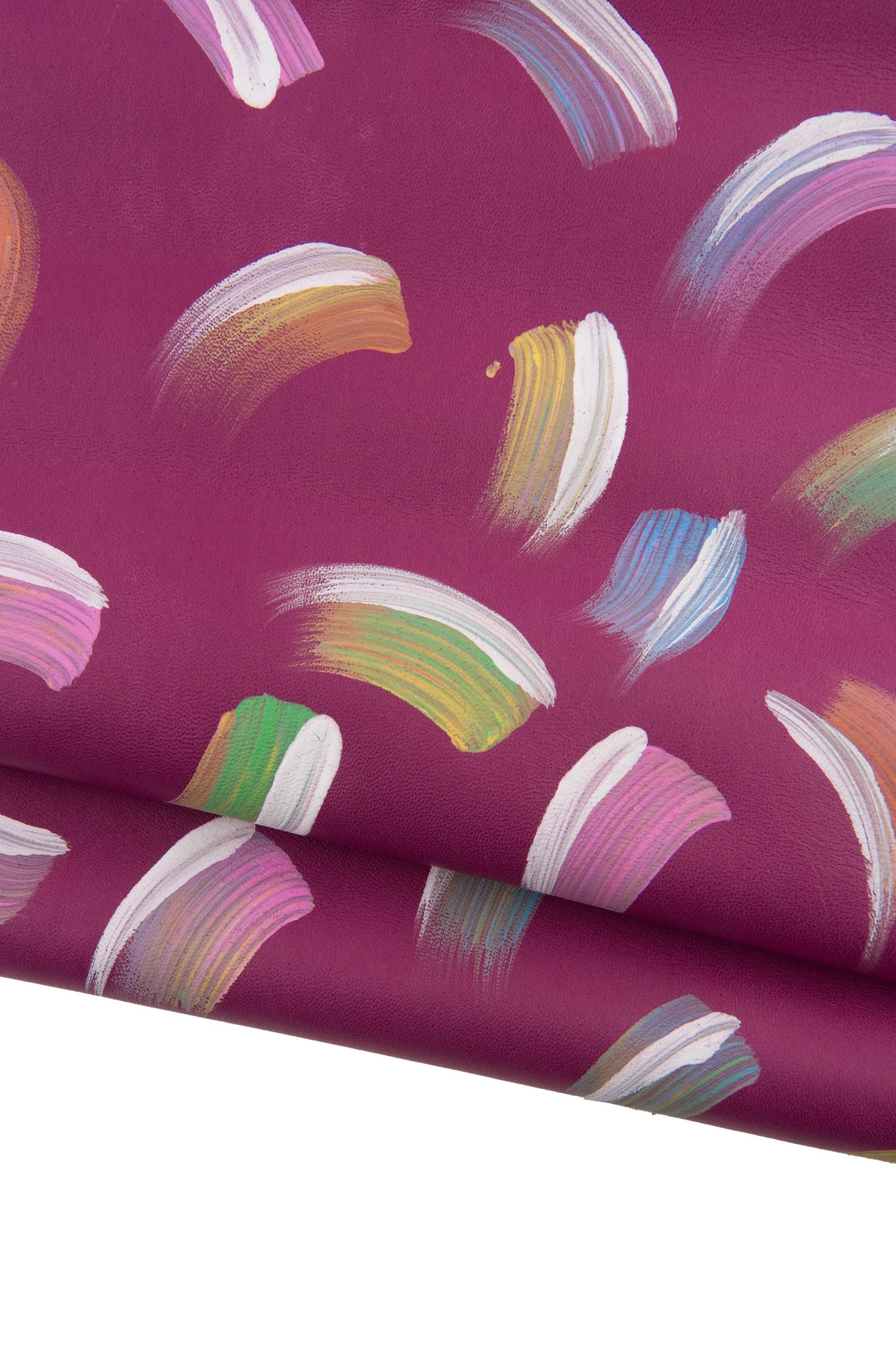 HAND DECORATED leather skin, purple goatskin - colorful abstract pattern, soft printed hide for diy projects B19039-DM La Garzarara