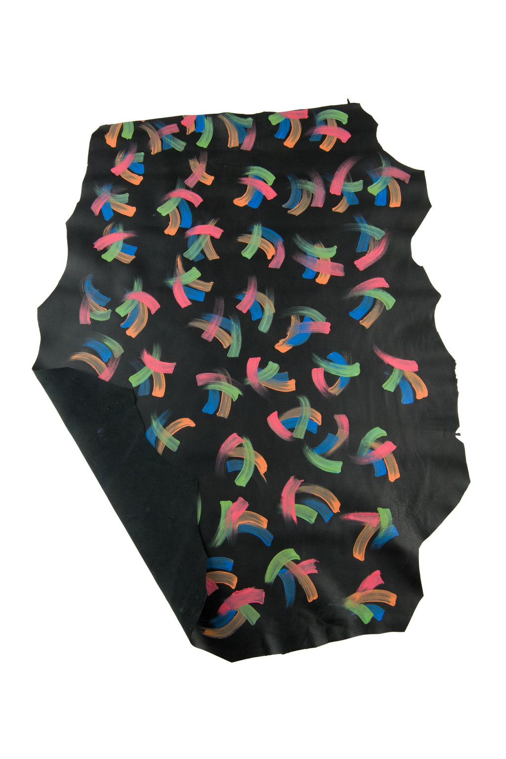 PAINTED Black leather skin, black goatskin colorful abstract Print, soft multicolor hide for hobbyists B19040-DM La Garzarara