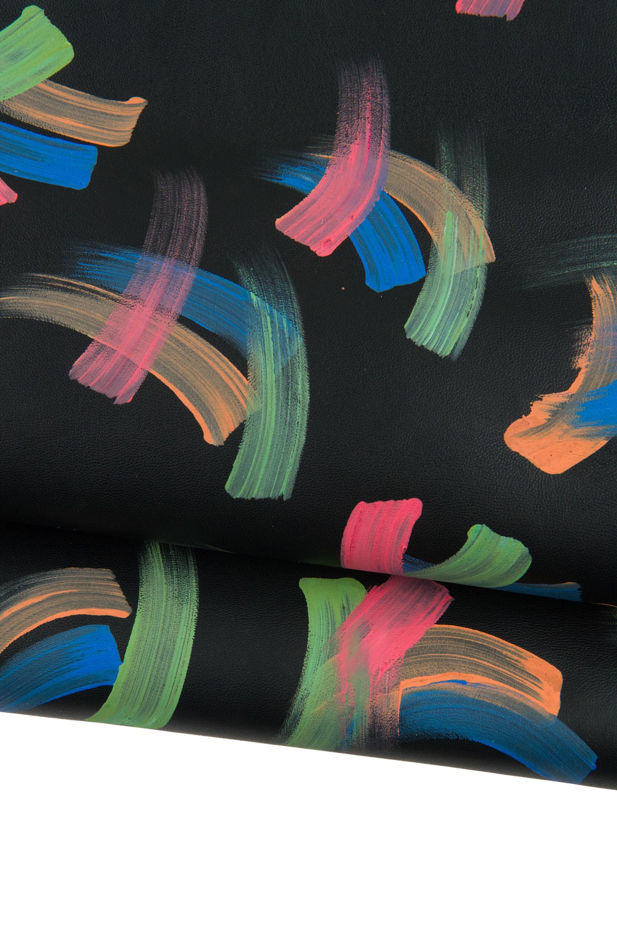 PAINTED Black leather skin, black goatskin colorful abstract Print, soft multicolor hide for hobbyists B19040-DM La Garzarara