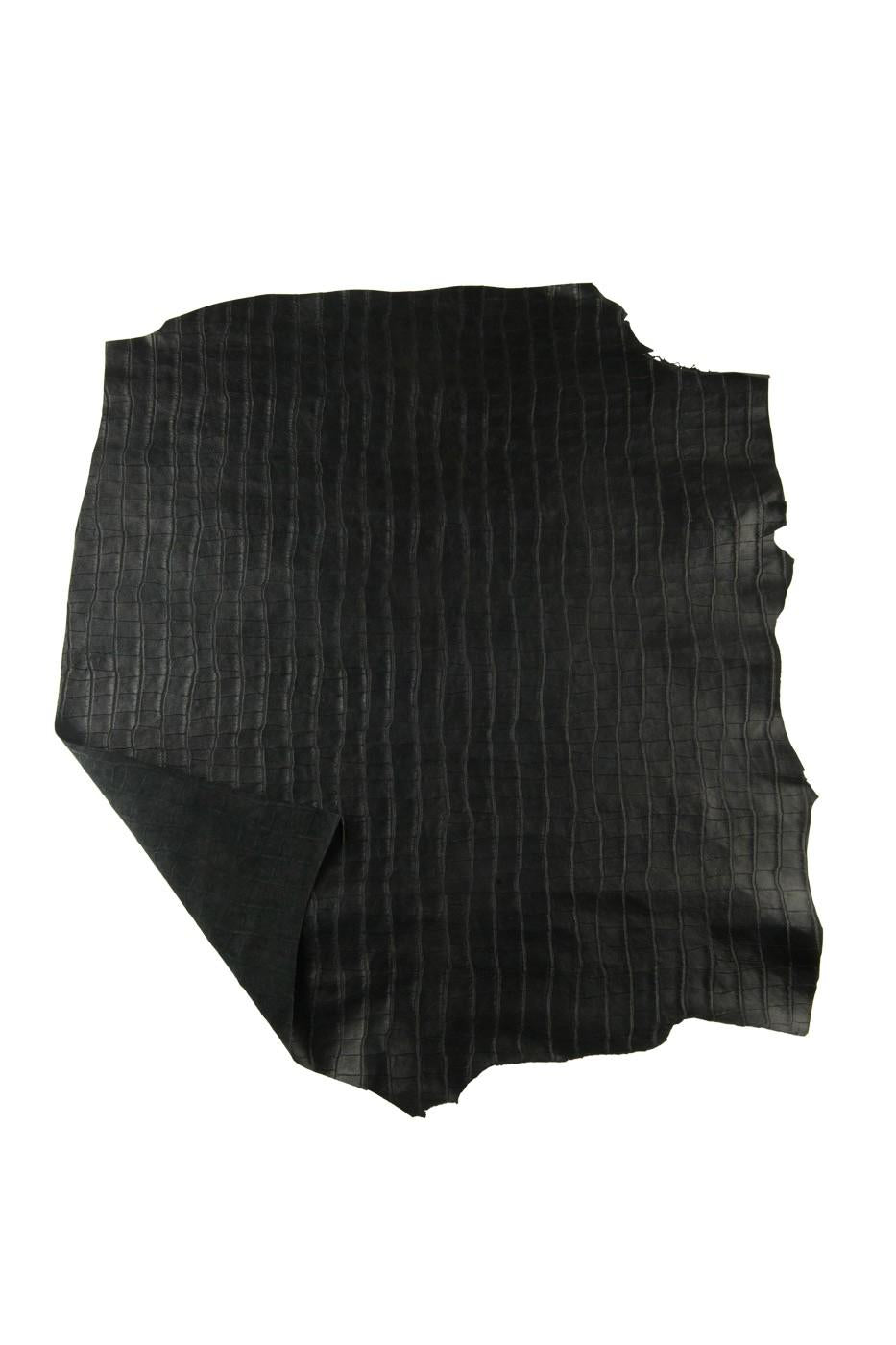 Black CROCODILE embossed leather skin, semi glossy ALLIGATOR printed goatskin, soft hide for crafting B19076-TB