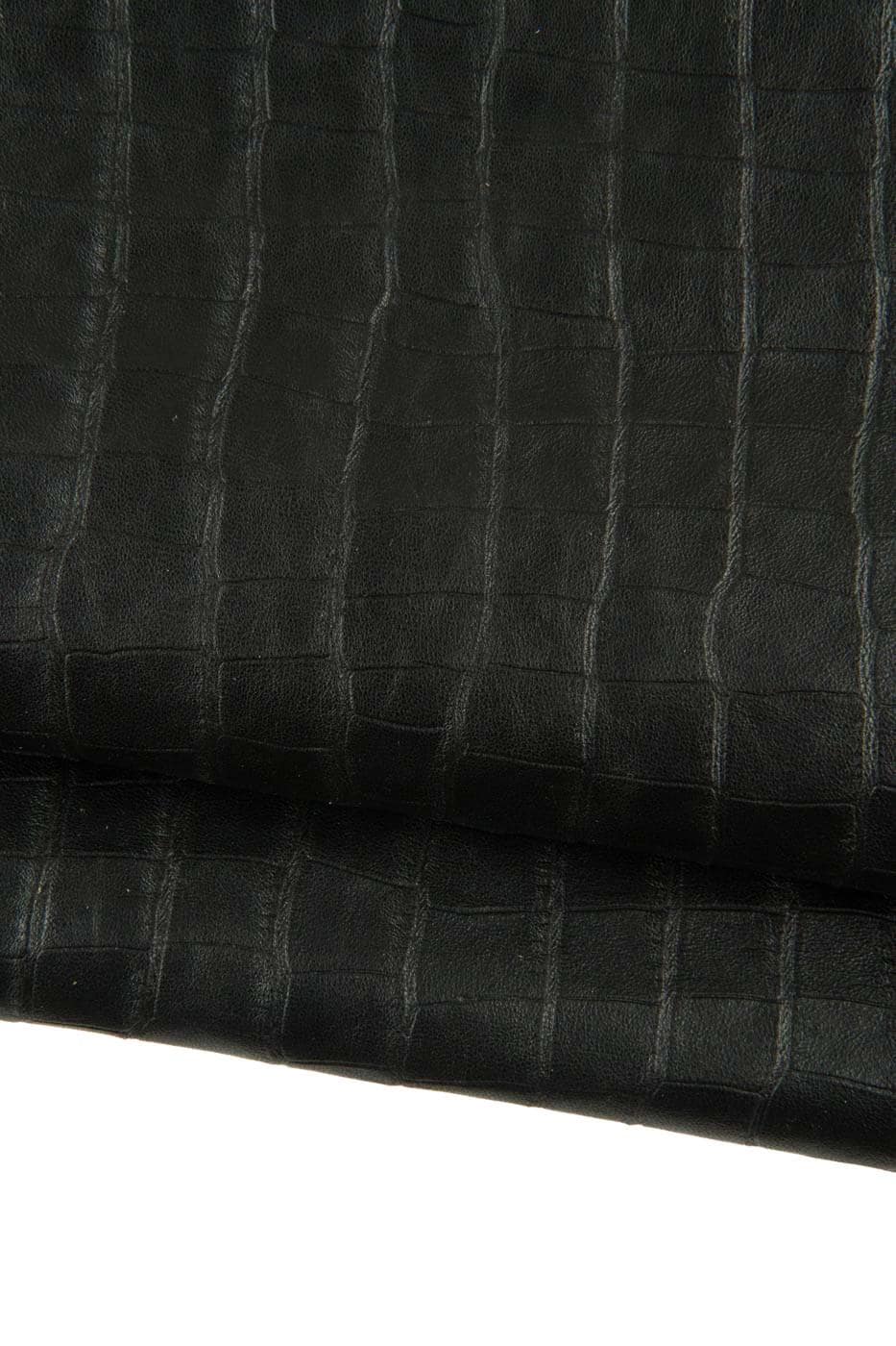 Black CROCODILE embossed leather skin, semi glossy ALLIGATOR printed goatskin, soft hide for crafting B19076-TB