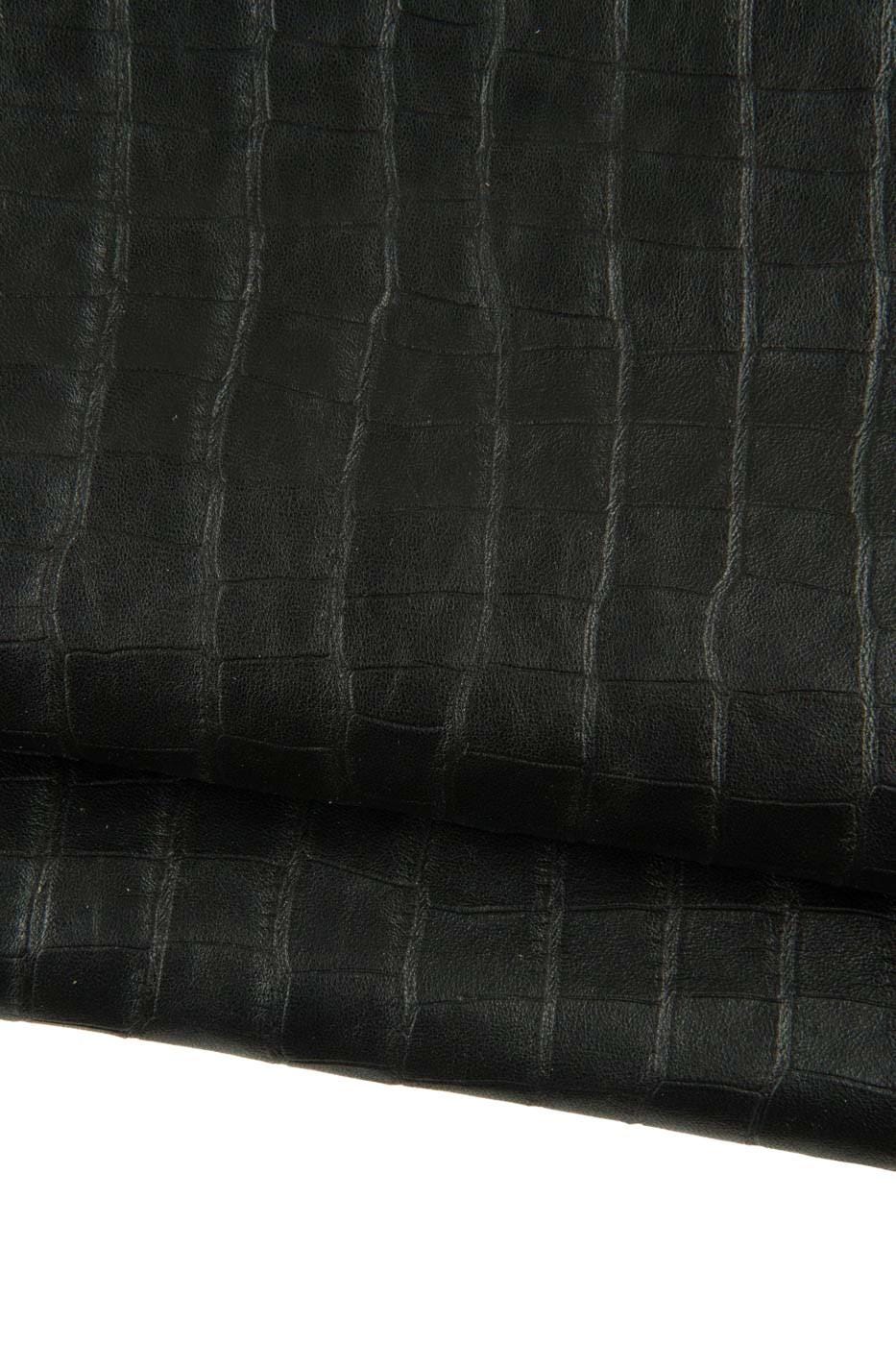 Black CROCODILE embossed leather skin, semi glossy ALLIGATOR printed goatskin, soft hide for crafting B19076-TB