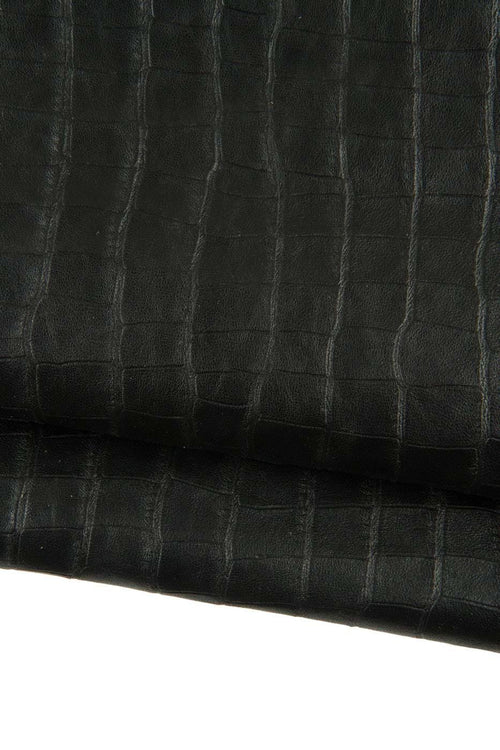 Black CROCODILE embossed leather skin, semi glossy ALLIGATOR printed goatskin, soft hide for crafting B19076-TB
