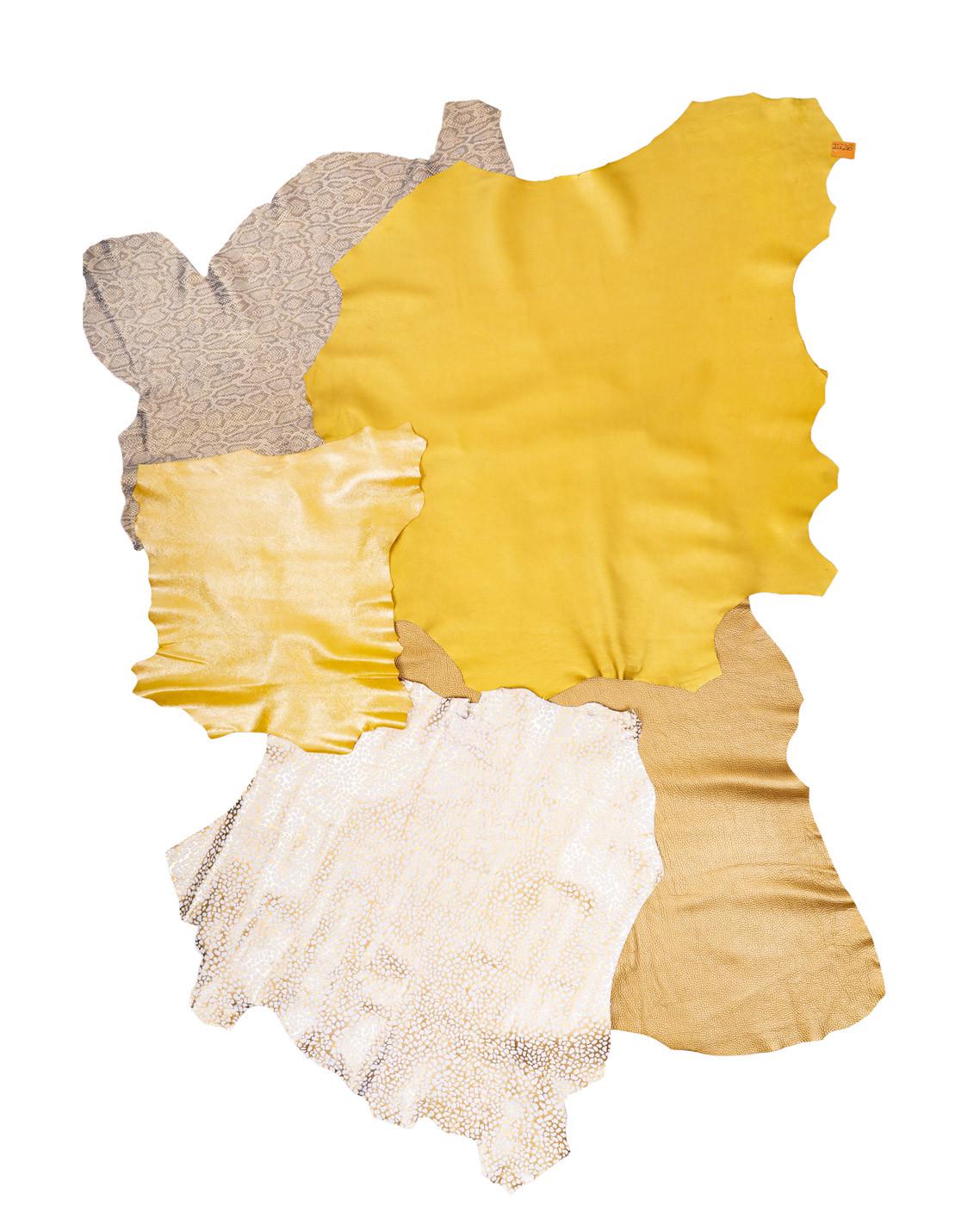 Yellow leather skins pack, Lot of 5 matching metallic solid printed hides for hobbyists B19004-MT(ST) La Garzarara