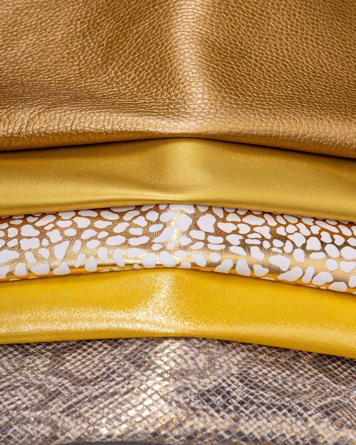 Yellow leather skins pack, Lot of 5 matching metallic solid printed hides for hobbyists B19004-MT(ST) La Garzarara