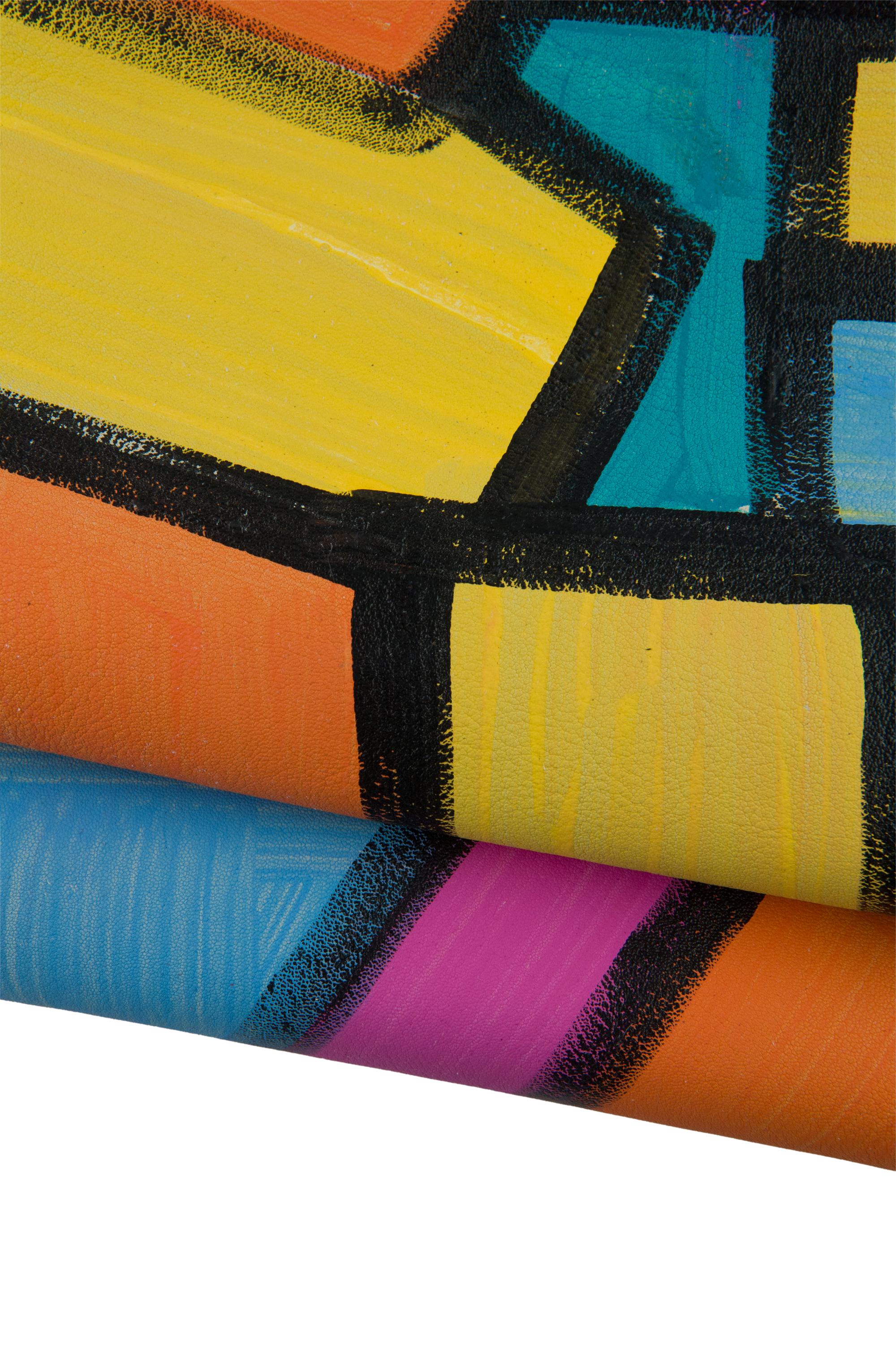 Multicolor Geometric Art Leather Hide, Hand Painted Italian Lamb, Color Block Skin , Colorful Mosaic Pattern 1.3 - 1.5 mm B19032-DM