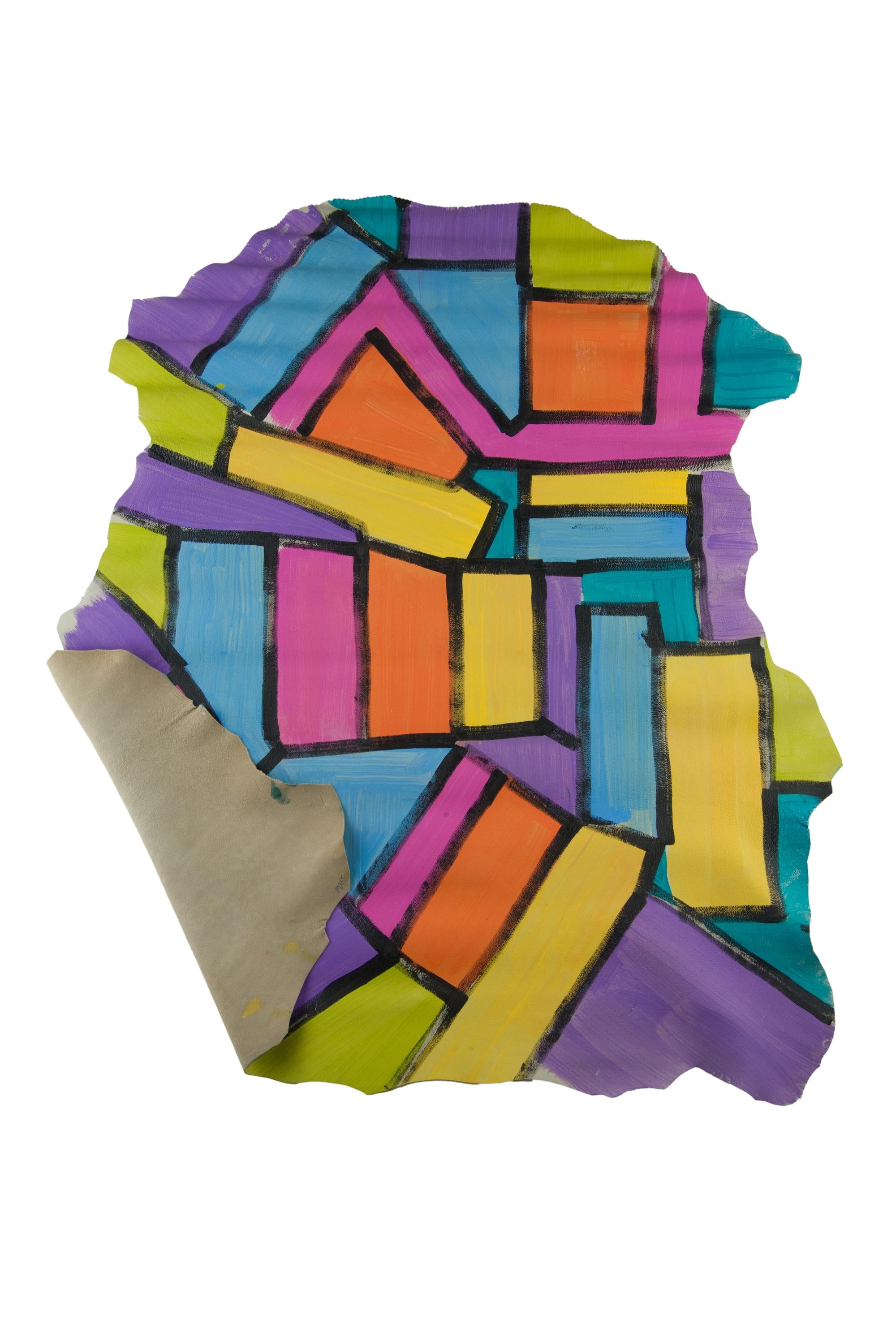 Multicolor Geometric Art Leather Hide, Hand Painted Italian Lamb, Color Block Skin , Colorful Mosaic Pattern 1.3 - 1.5 mm B19032-DM