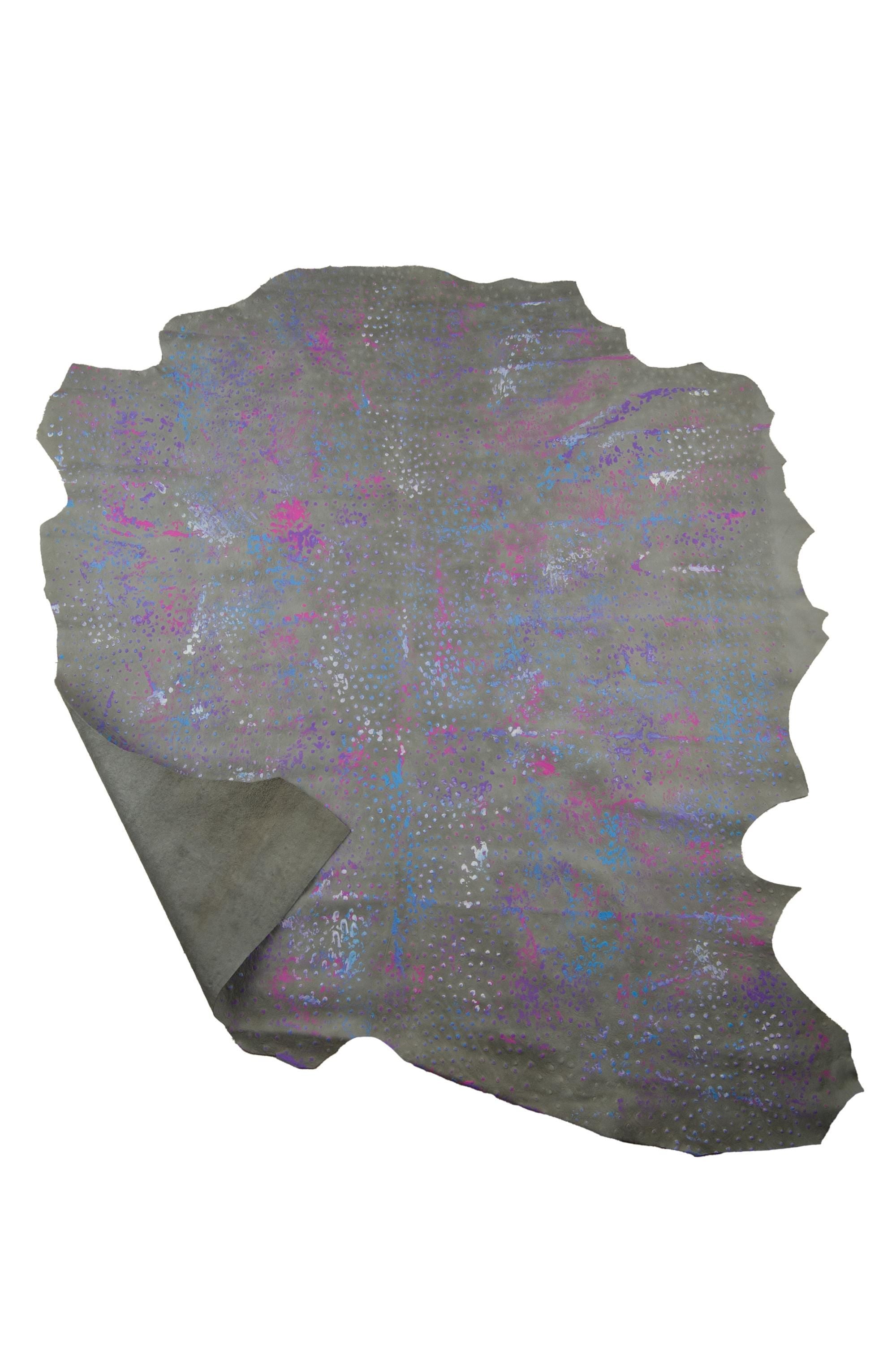 One of a Kind Leather, Grey Painted embossed OSTRICH leather hide, thin multicolor skin 0.5-0.7 mm B19047-ST La Garzarara