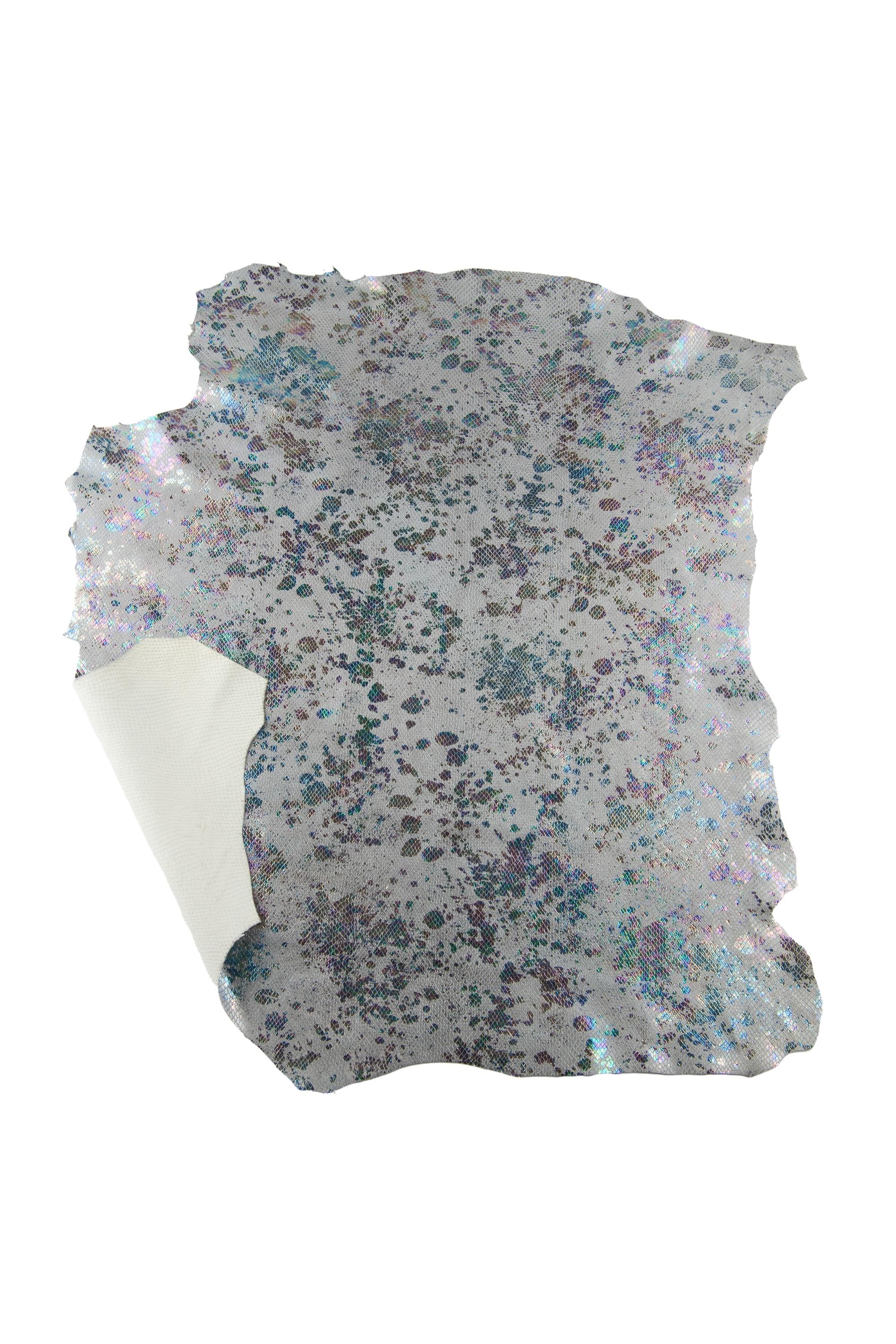 IRIDESCENT metallic SNAKESKIN, silver reptile leather - bright multicolor pattern, holographic spotted hide B19074-MT(st) La Garzarara