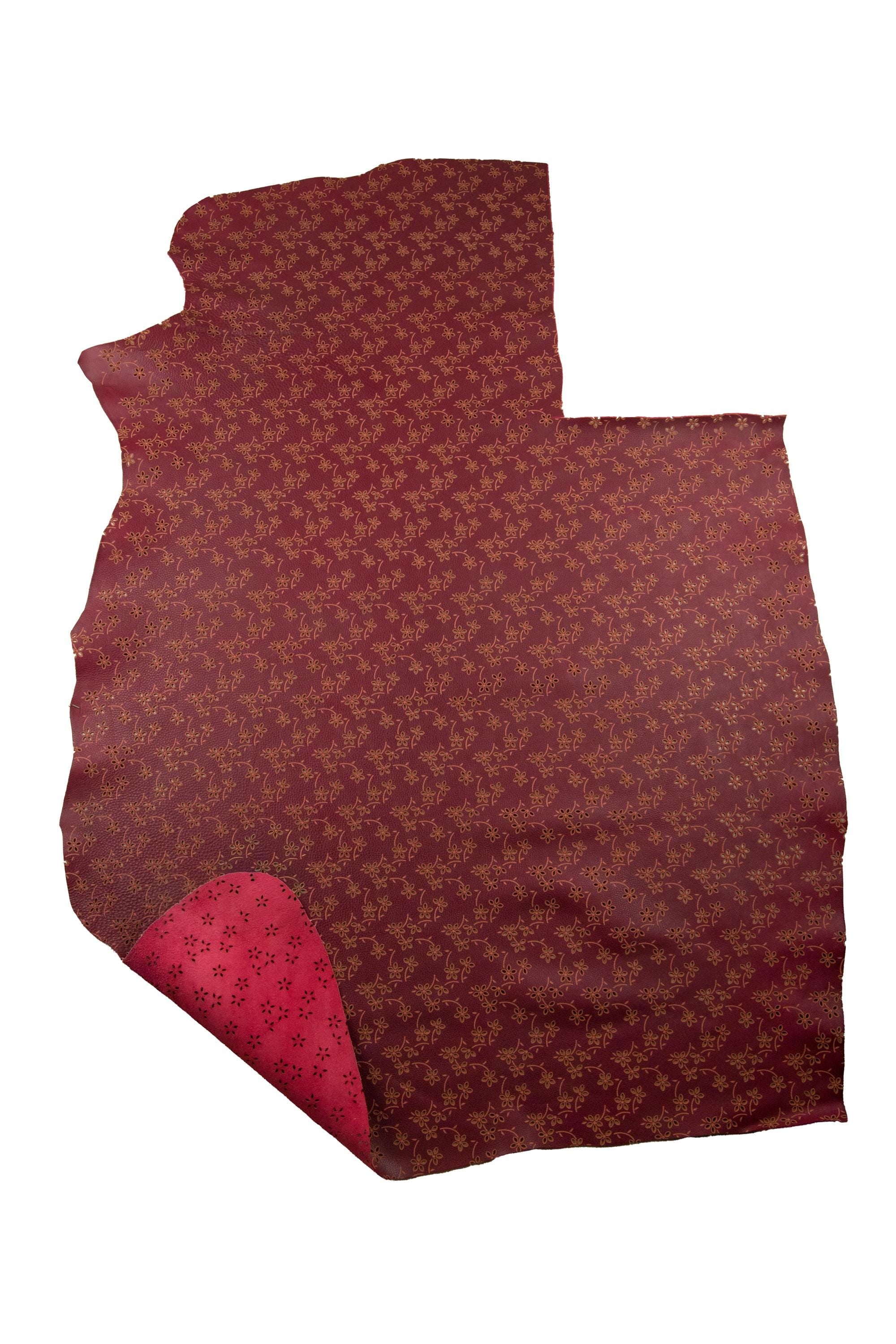 Burgundy FLORAL printed leather hide, semi glossy soft ENGRAVED cowhide, perforated calfskin for crafters 1.9-2.1 mm B19114-ST La Garzarara
