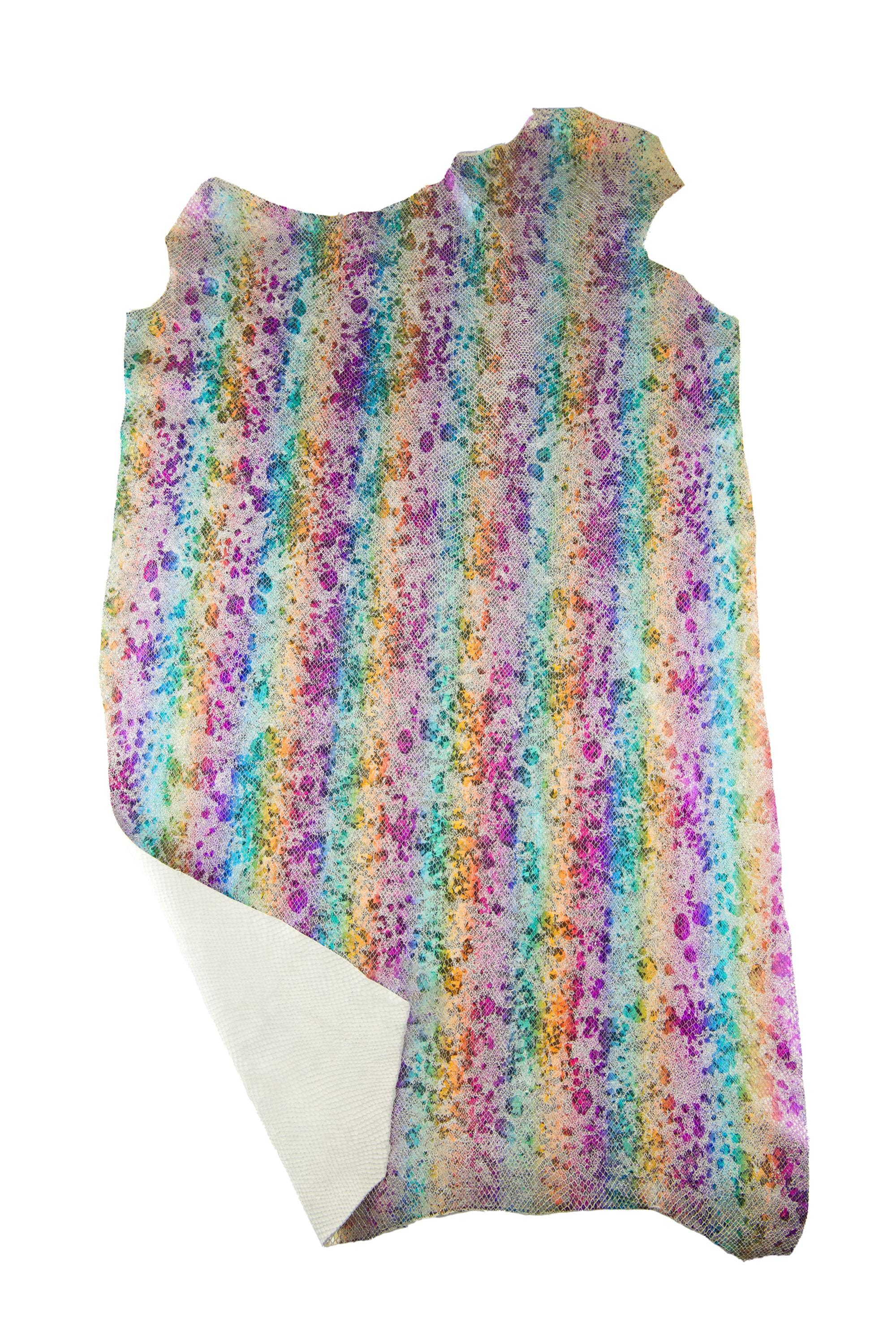 IRIDESCENT PYTHON textured leather skin, multicolor striped metallic snake printed goatskin, rainbow bright soft hide B19072-MT(st)