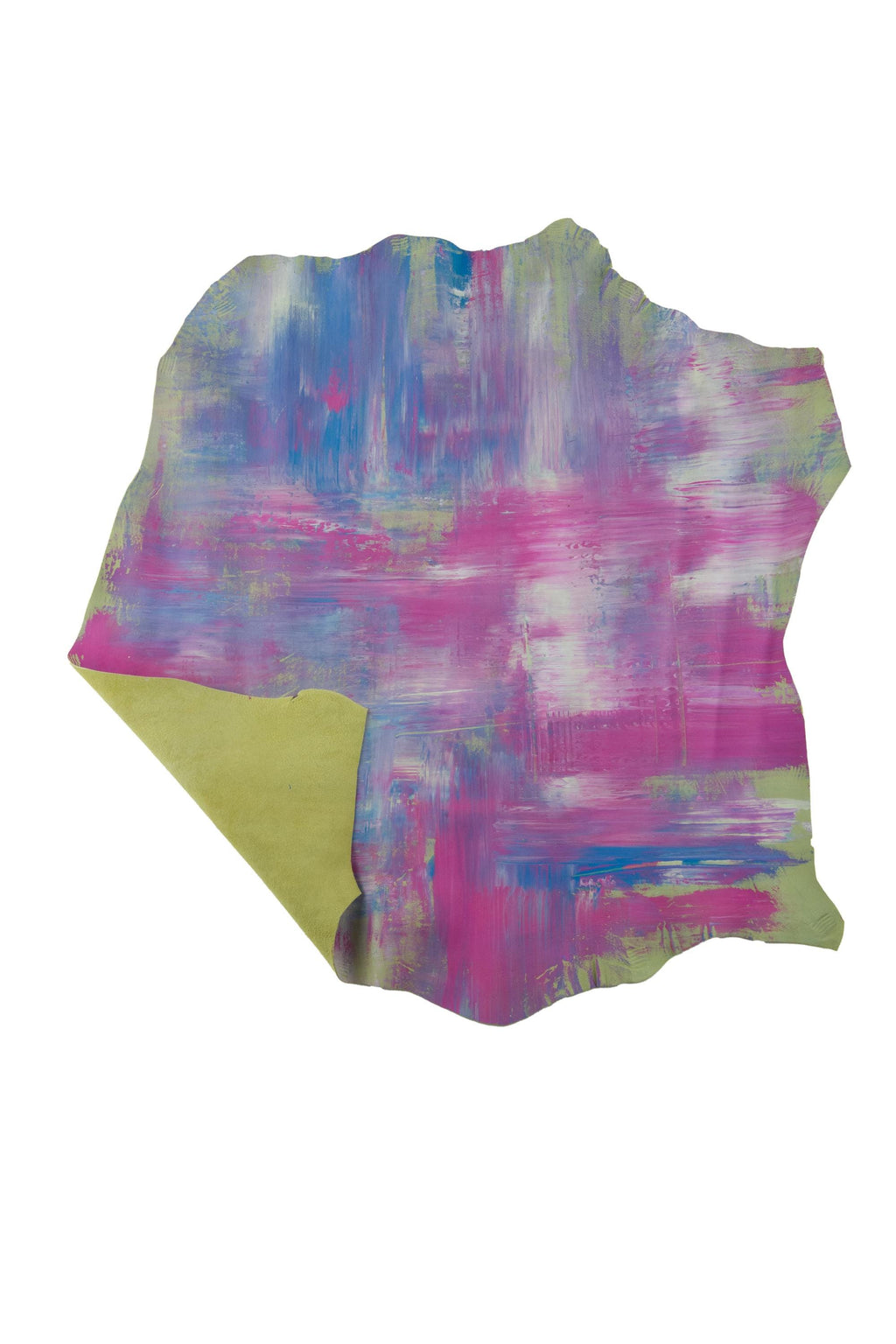 MULTICOLOR abstract leather hide, bright brush STROKE pattern on light green goatskin, unique piece for hobbyists B19044-DM La Garzarara