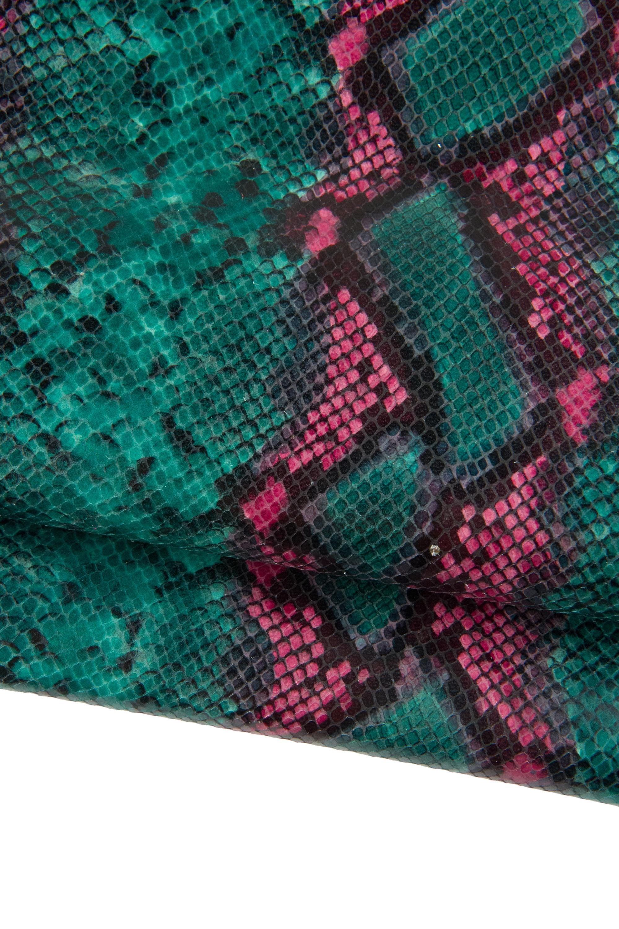 PYTHON printed leather skin, emerald green - pink SNAKE textured glossy goatskin, reptile pattern on soft hide B19095-ST La Garzarara