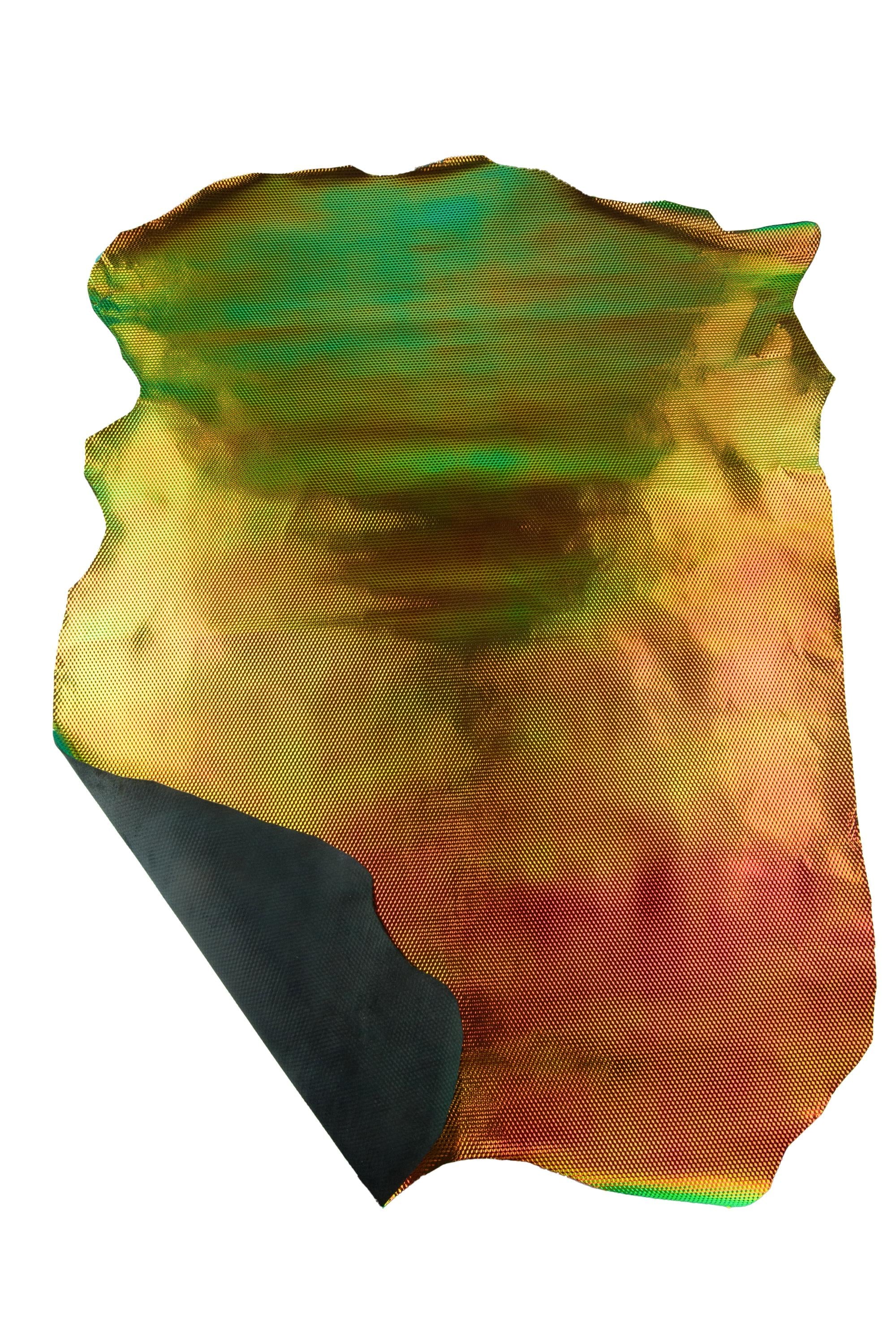 IRIDESCENT METALLIC leather skin, bronze - green geometrical printed goatskin, glossy soft embossed material B19116-MT(st) La Garzarara