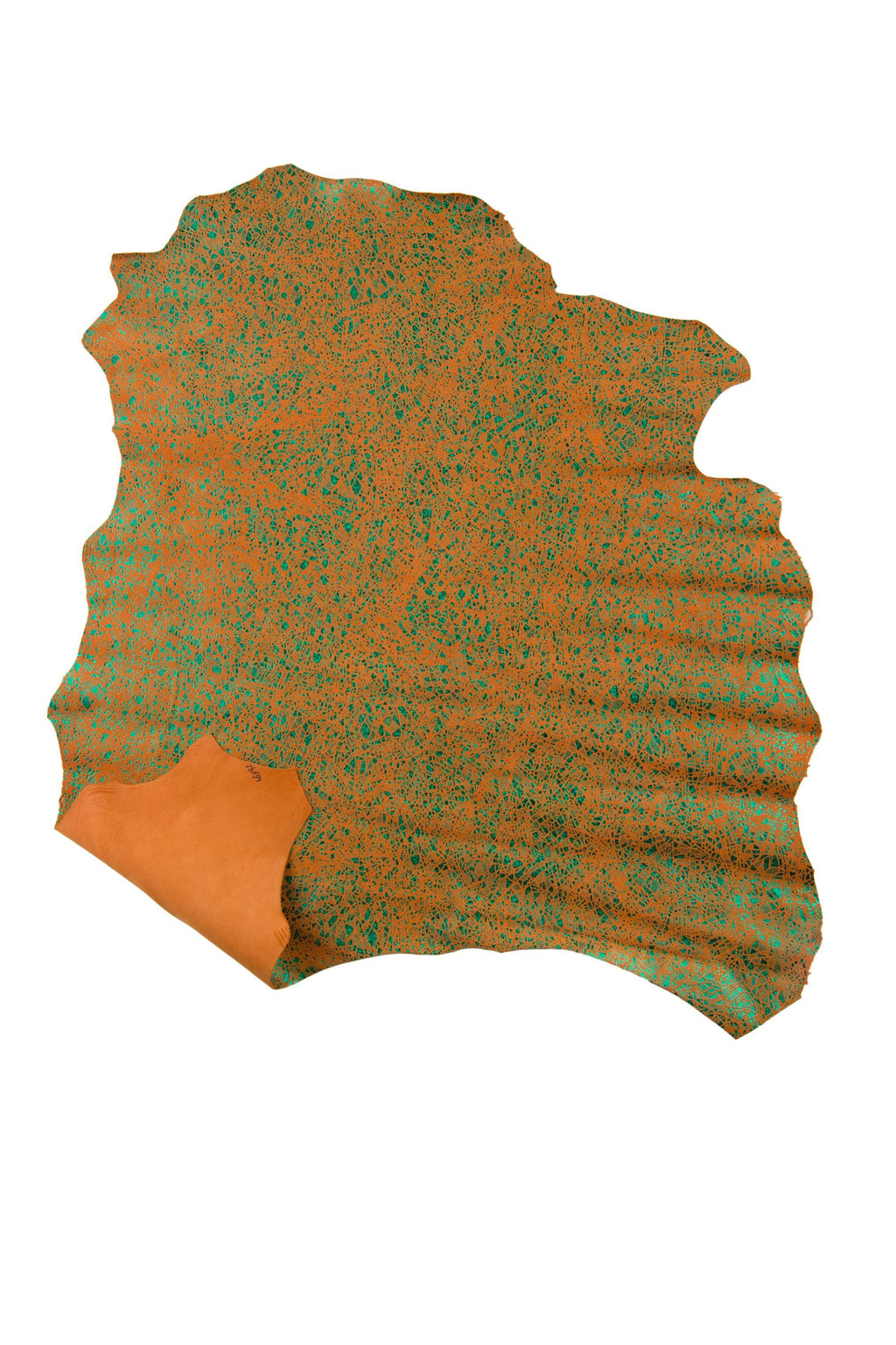 Orange - green CRACKLE printed leather skin, METALLIC suede goatskin, soft textured material for diy projects B19067-MT(st) La Garzarara