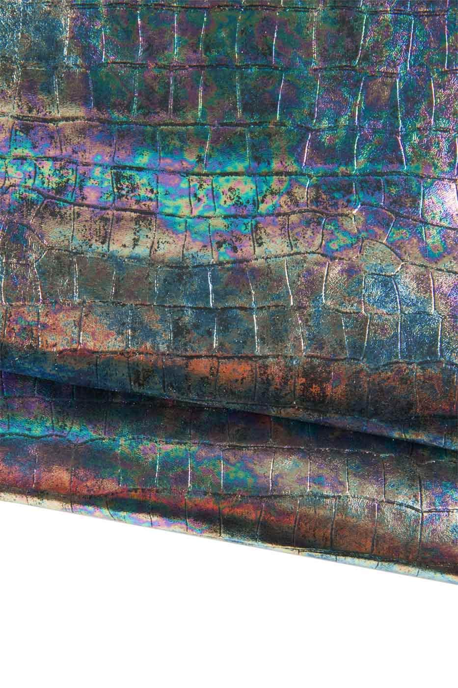 HOLOGRAPHIC CROCODILE printed leather skin, multicolor iridescent embossed croco, bright soft material for diy B19073-MT(st) Garzarara