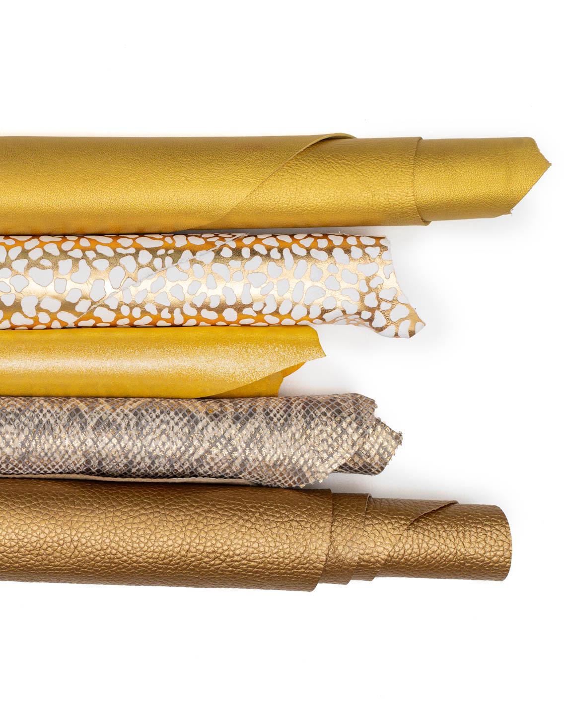 Yellow leather skins pack, Lot of 5 matching metallic solid printed hides for hobbyists B19004-MT(ST) La Garzarara