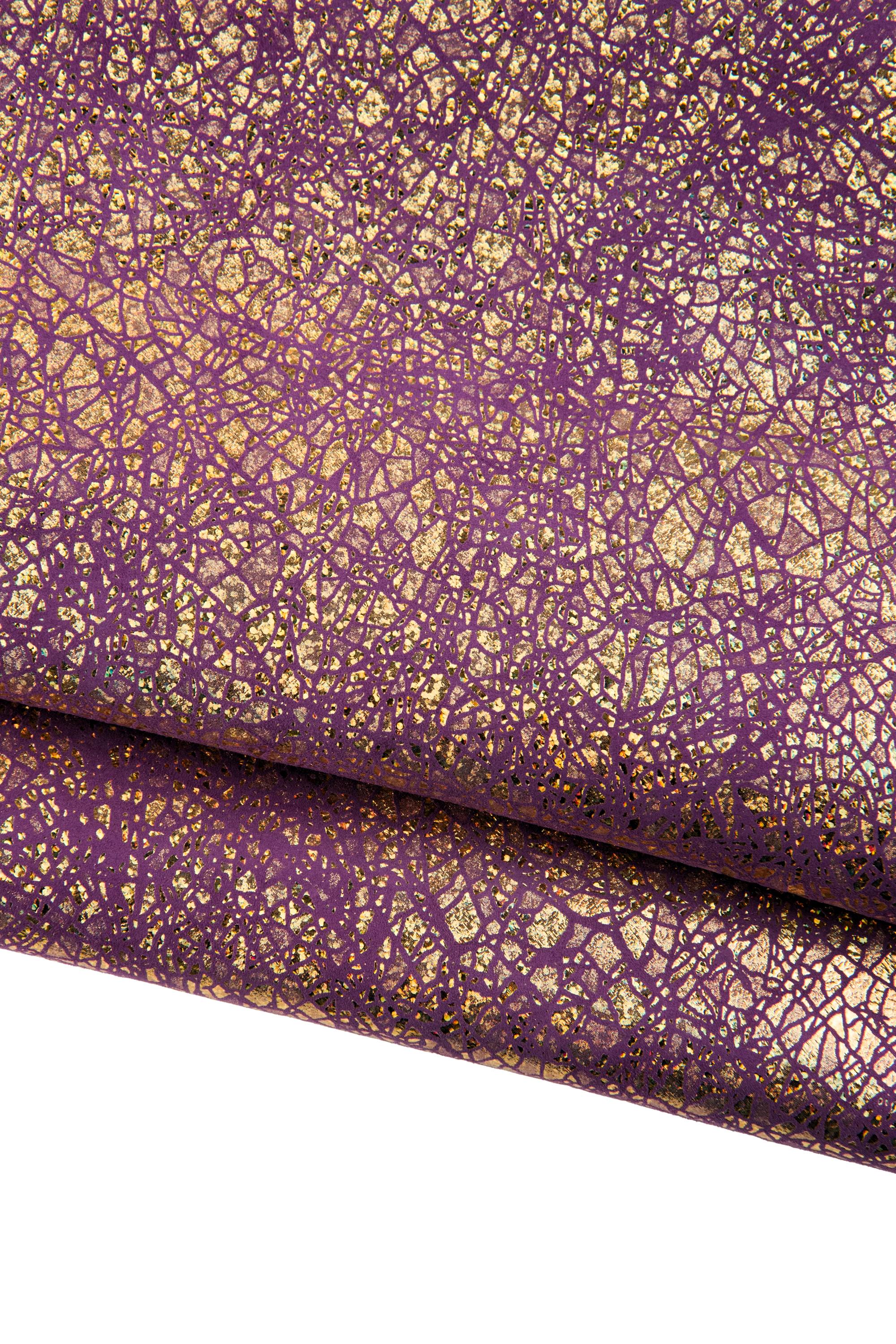IRIDESCENT metallic leather skin, golden CRACKLED soft goatskin, purple suede with gold texture, for diy projects B19068-MT(st) La Garzarara