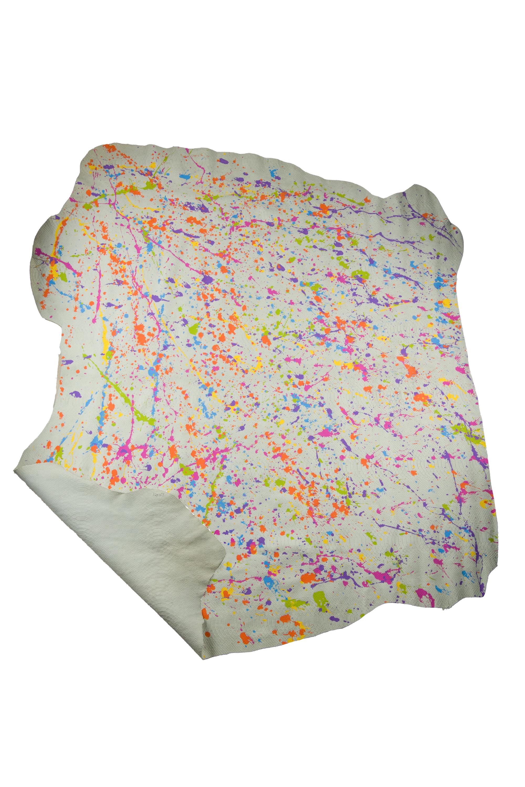 White Splatter leather hide, multicolor Dripping textured Reptile , soft one of a kind leather piece for crafts B19064-DM La Garzarara