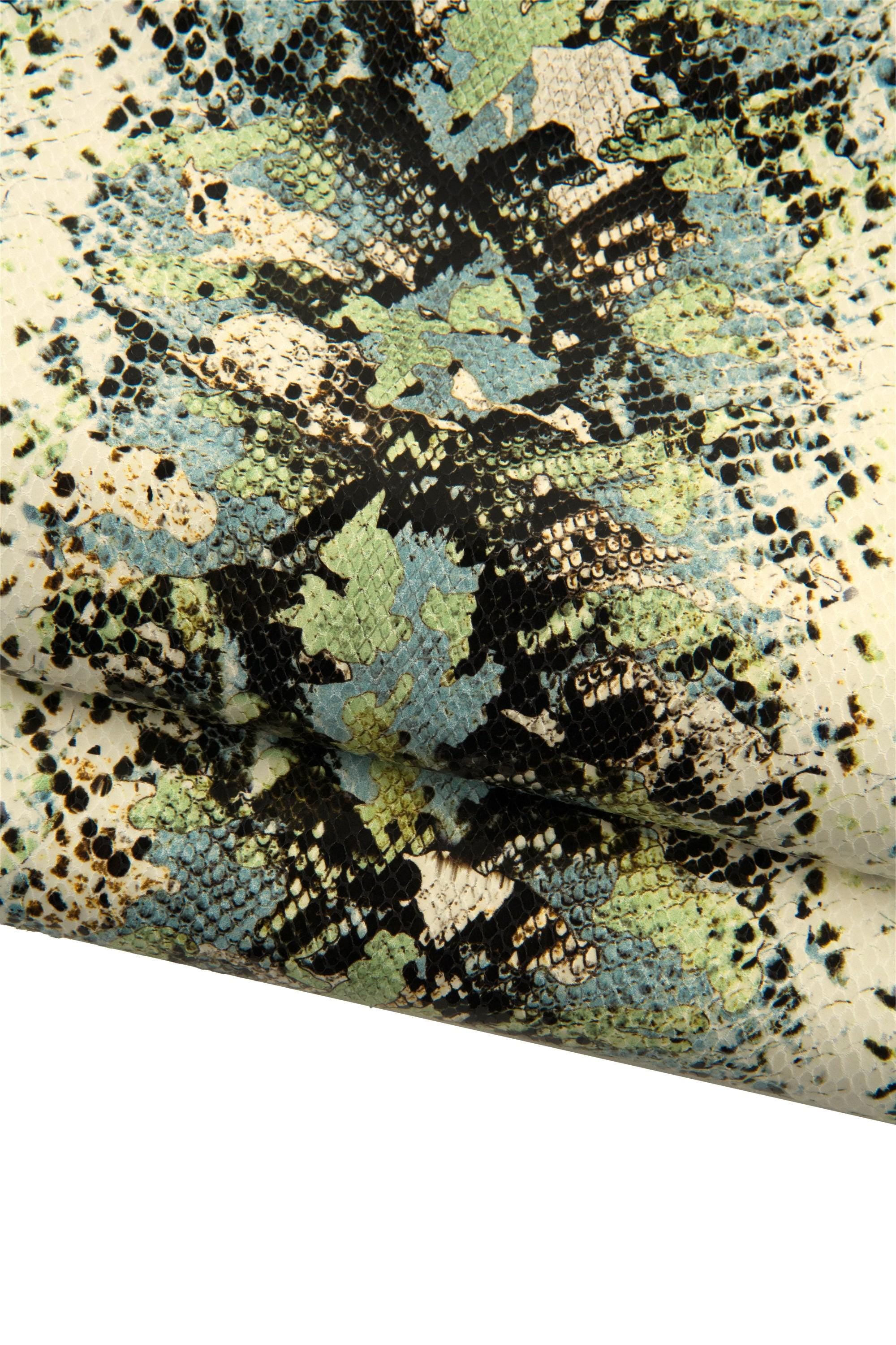 Thin SNAKE printed leather skin, light blue - green PYTHON reptile snakeskin, glossy soft goatskin for diy projects B19284-ST La Garzarara