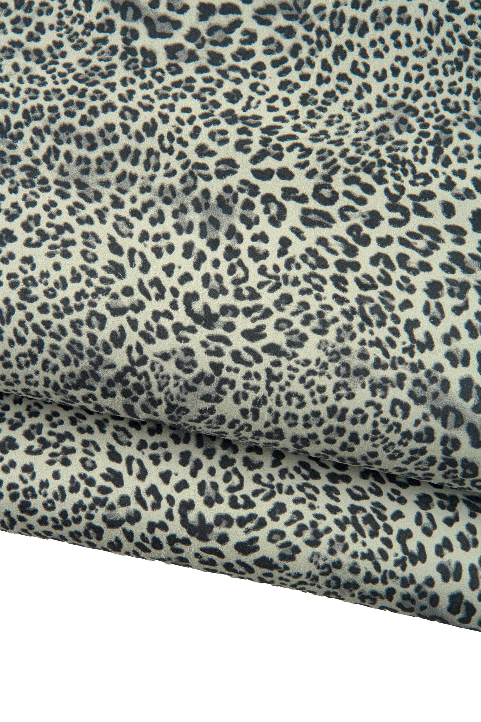 Black - grey LEOPARD texture on white suede goatskin, CHEETAH printed skin, soft animal printed hide for diy projects B19188-ST La Garzarara