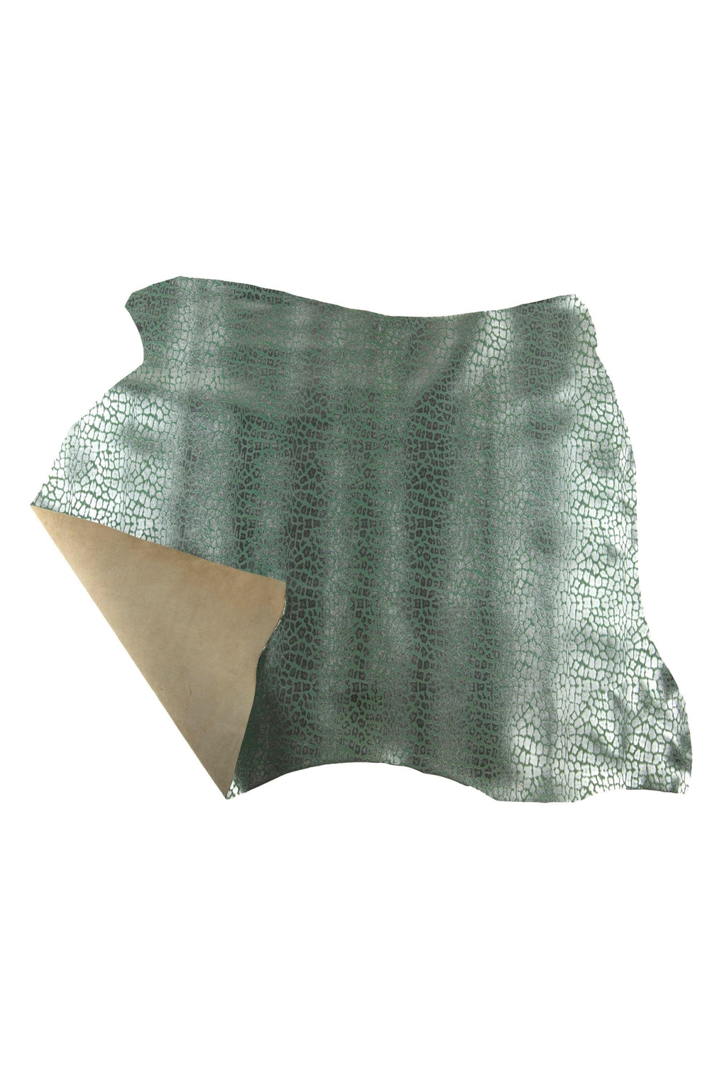 LEOPARD printed leather skin, silver METALLIC cheetah texture on green goatskin - soft bright skin for hobbyists B19265-MT(st) La Garzarara