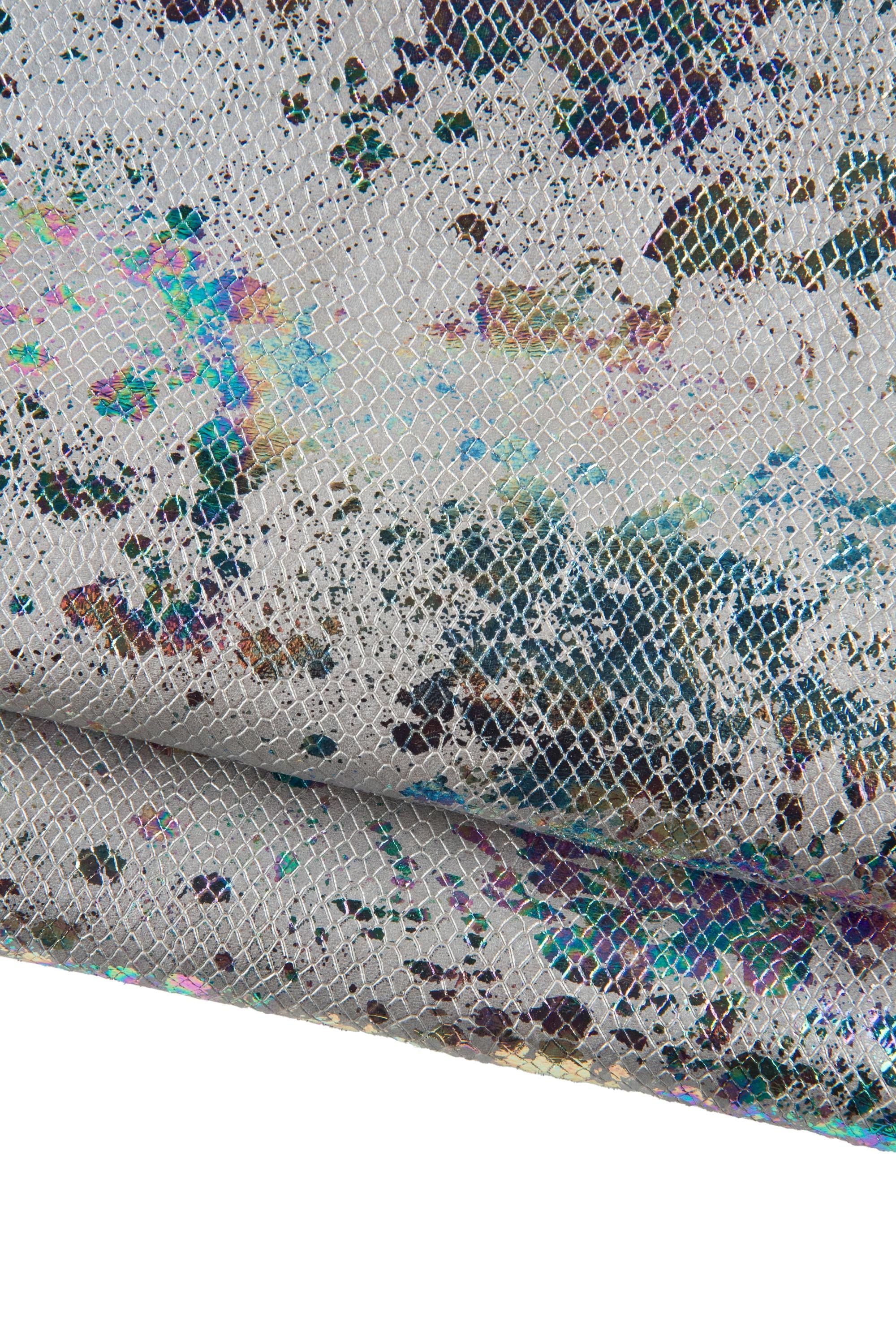 IRIDESCENT metallic SNAKESKIN, silver reptile leather - bright multicolor pattern, holographic spotted hide B19074-MT(st) La Garzarara