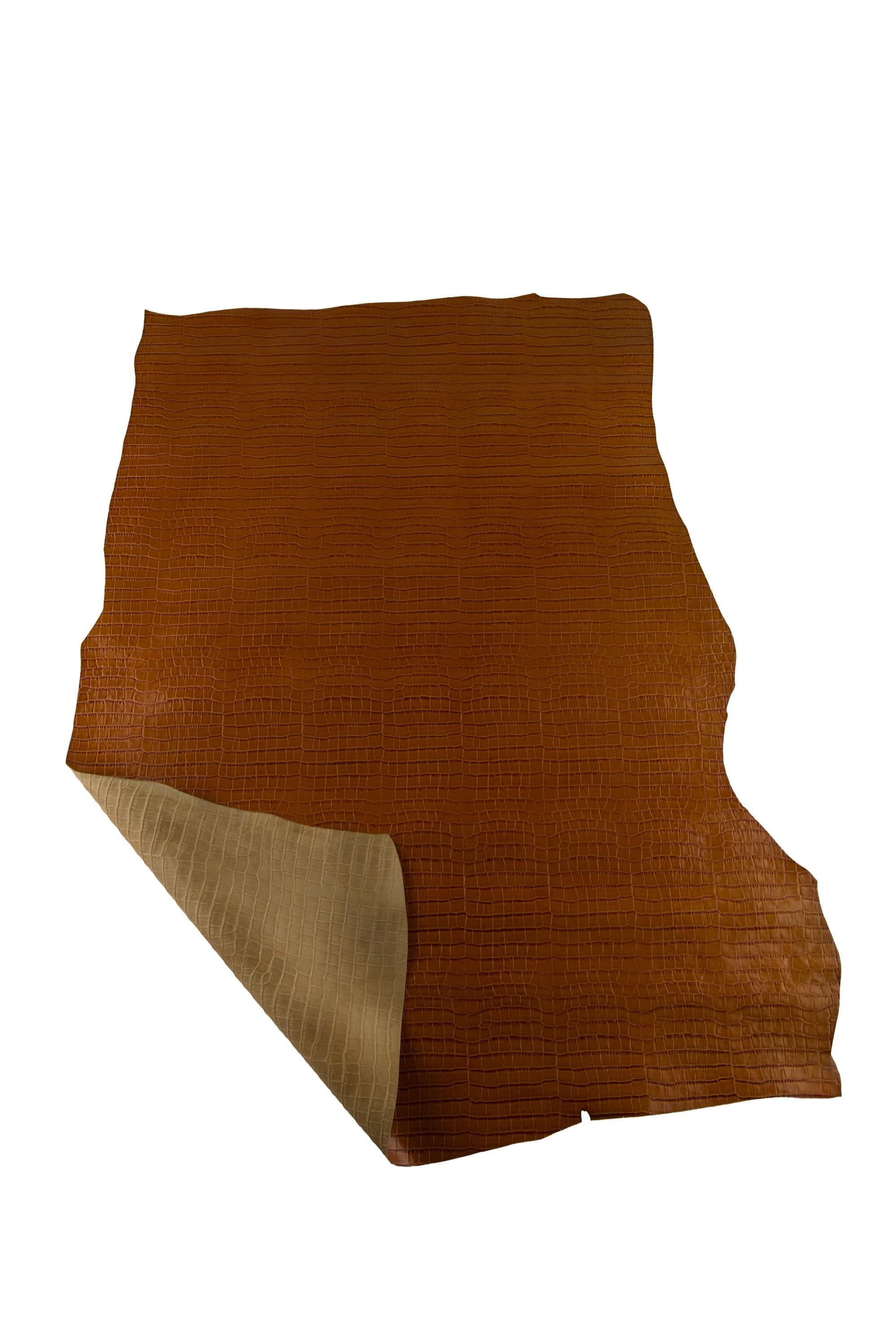 Cognac Croc embossed leather hide, animal printed GLOSSY cowhide, brown alligator calfskin for crafters B19305-ST La Garzarara
