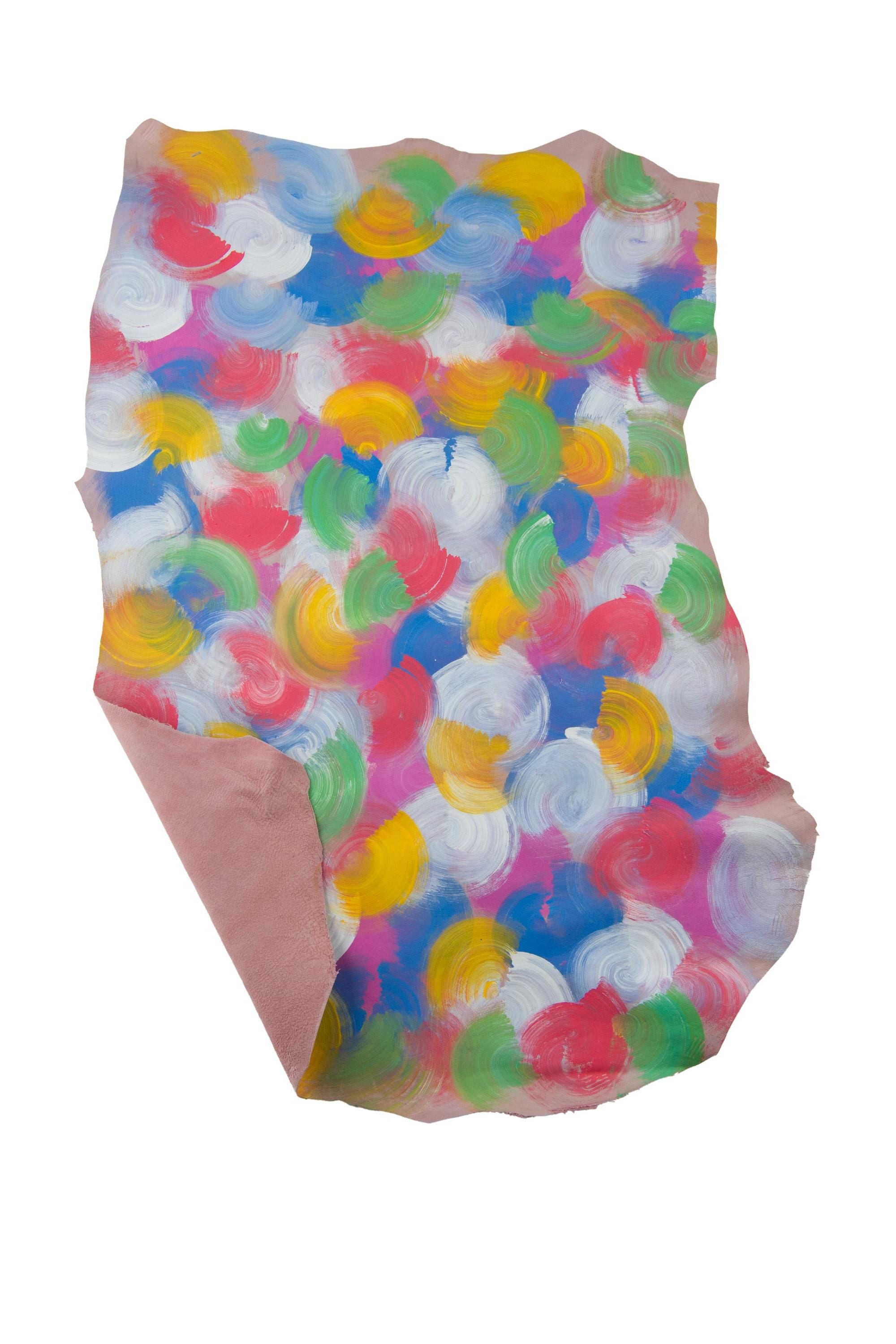One of a kind painted leather skin, Big Dots Multicolor decorated on goatskin for crafters B19038-DM La Garzarara