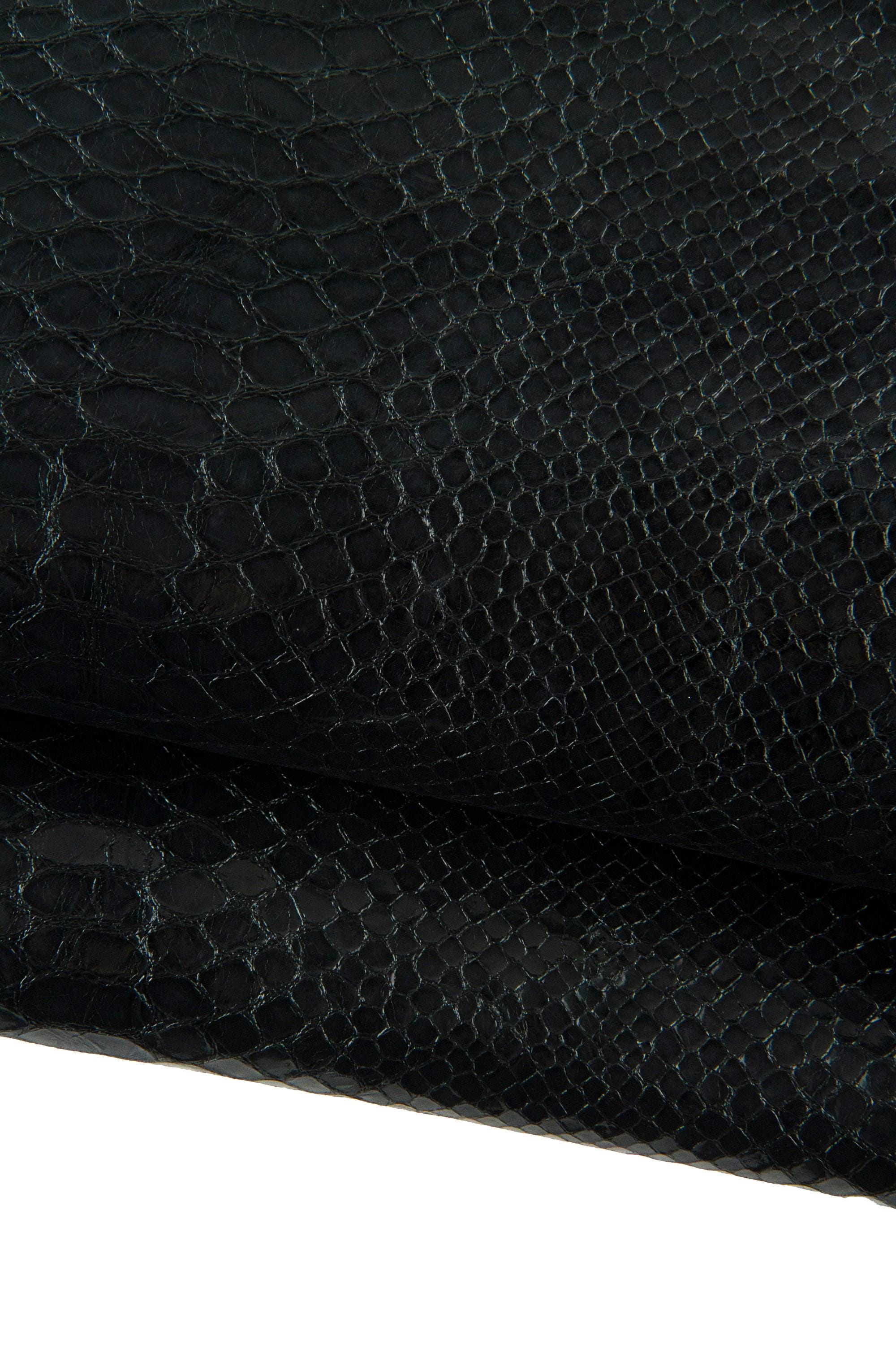 Black Python Print Leather Hide, Black Semi Gloss Snake Embossed Leather , Exotic skin for crafting B19232-TB La Garzarara