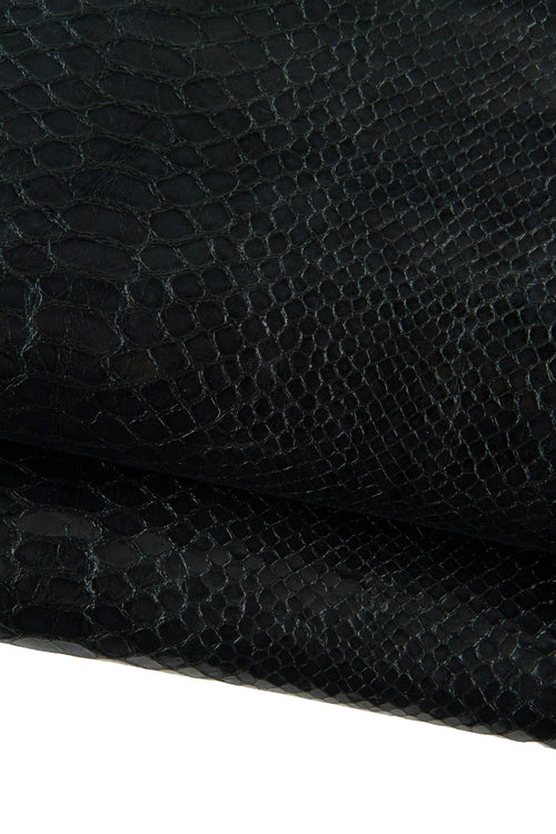 Black Python Print Leather Hide, Black Semi Gloss Snake Embossed Leather , Exotic skin for crafting B19232-TB La Garzarara
