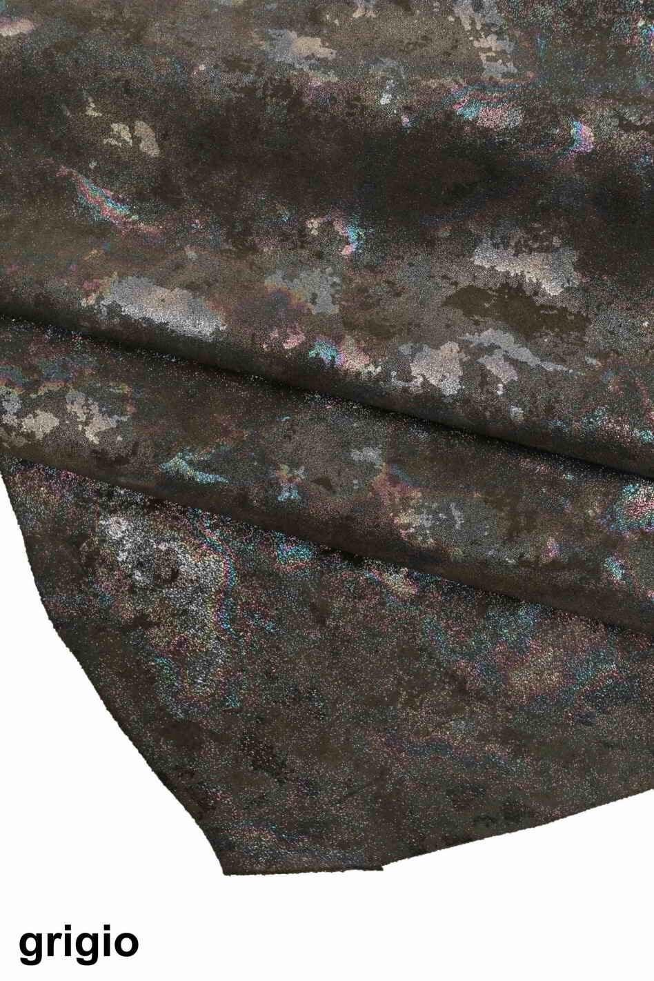 HOLOGRAPHIC leather skin - printed iridescent suede calfskin with texture effect, metallic GASOLINE skin B13157-MT(st) La Garzarara