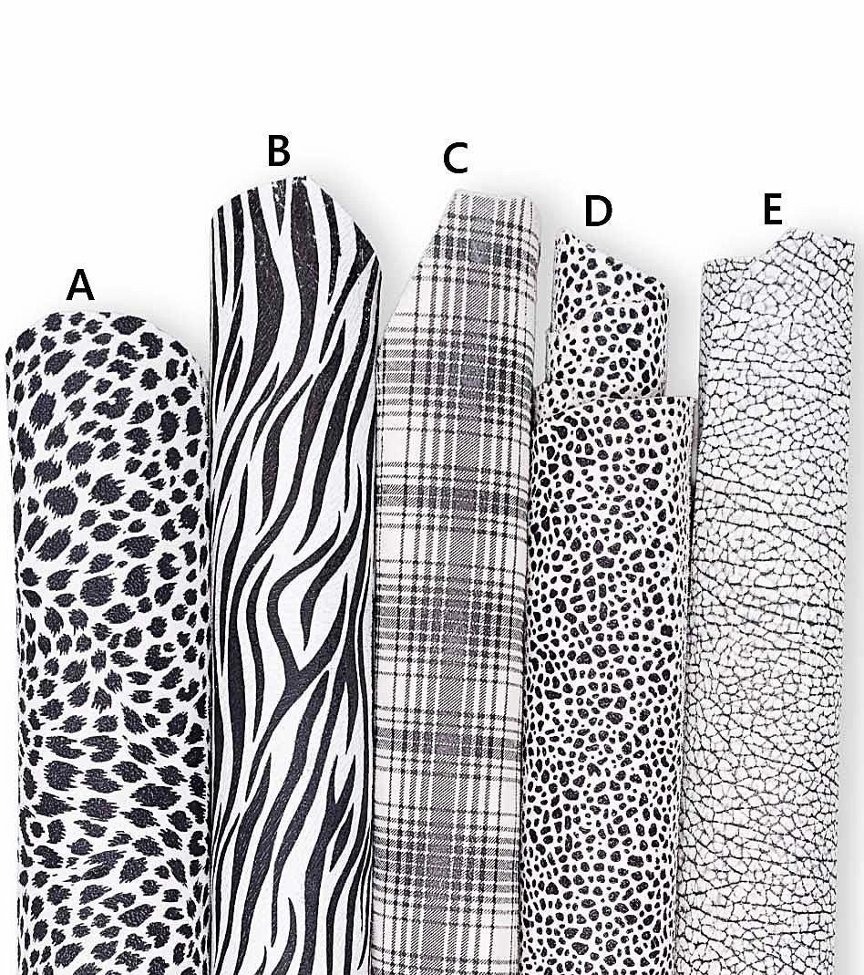 Black white leather skins, printed ANIMAL zebra PLAID crackled leopard pattern, soft and matt leather hides for diy projects B19181-ST